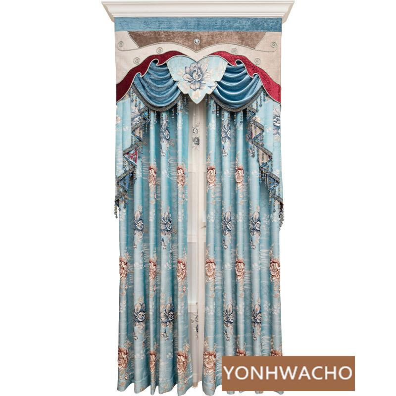 Custom Italy high precision jacquard blue cloth blackout curtain valance C1619