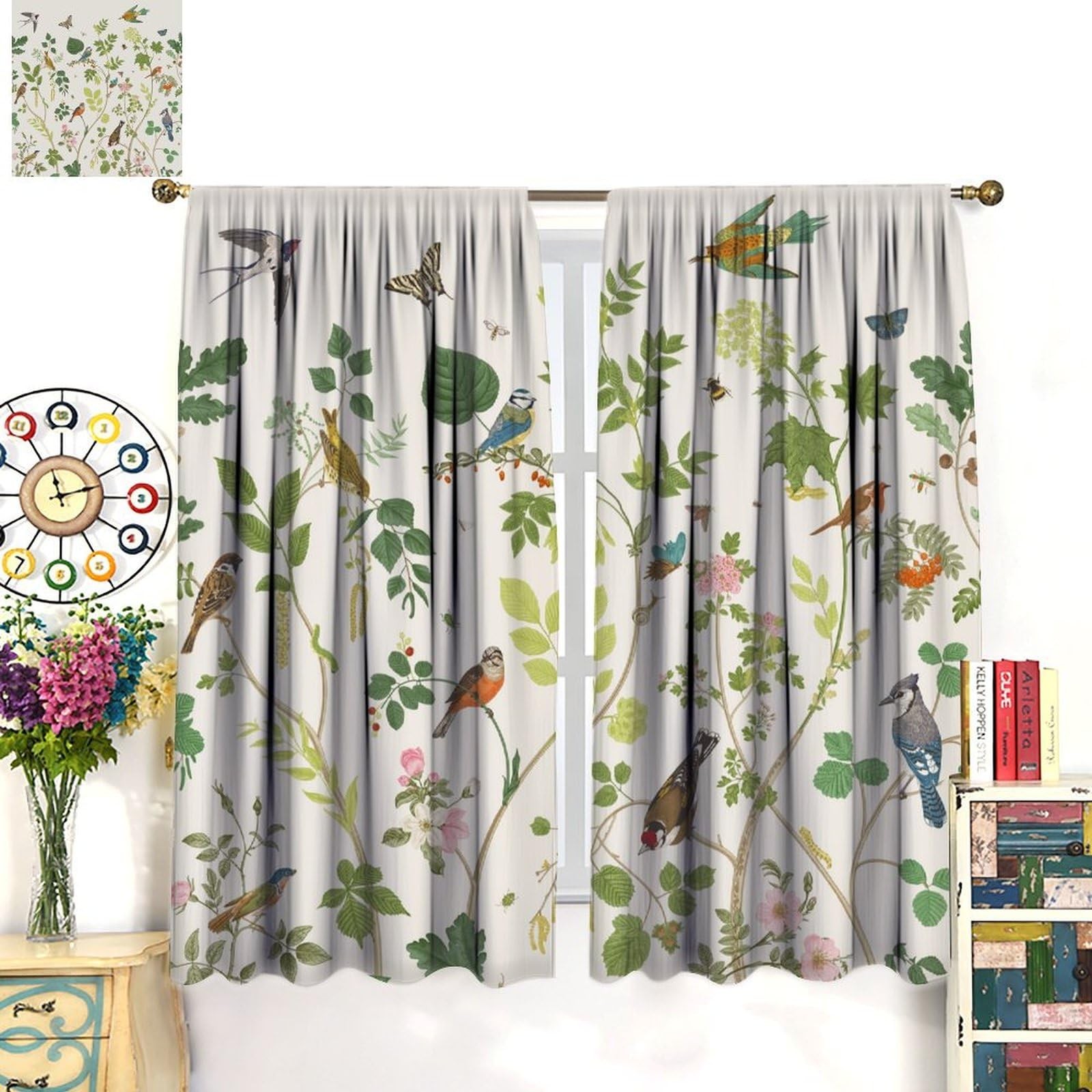 Flowers Birds Curtains,Vintage Floral Garden Window Treatments for Bedroom Li…