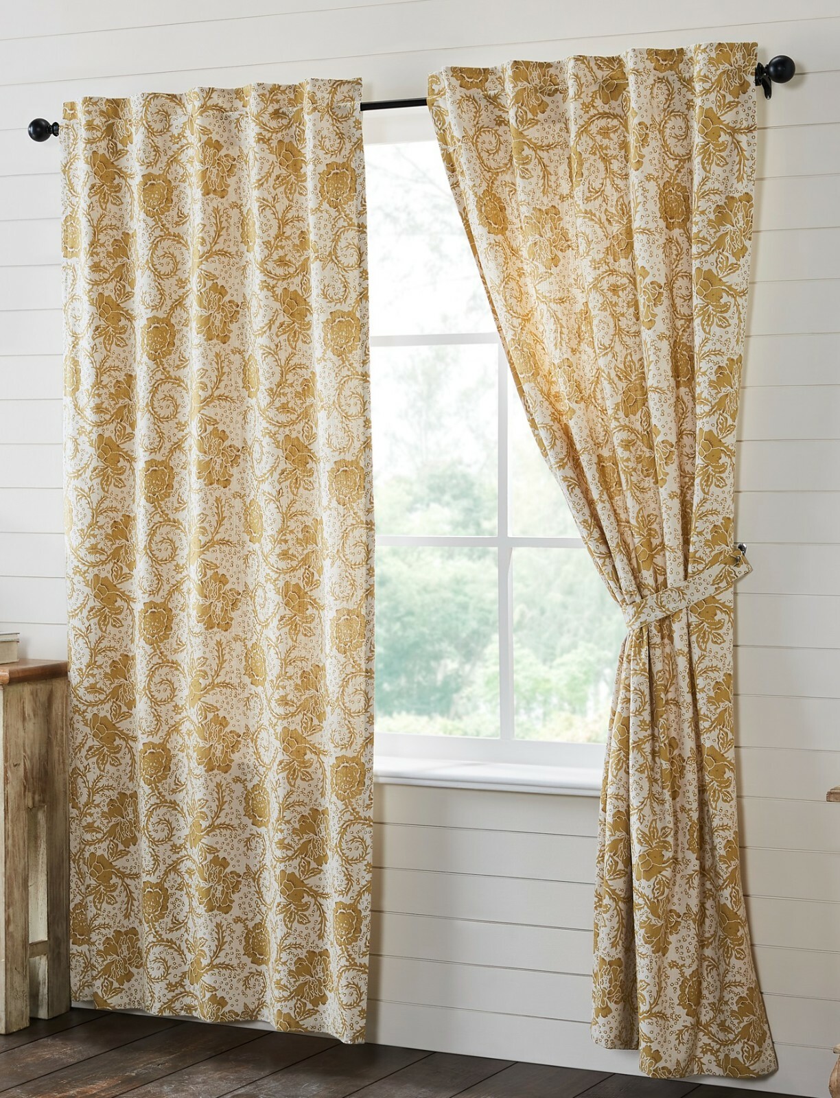 Gold Floral Curtains Country Farmhouse-Style 2 Lined Panels w/ Tie Backs Dorset