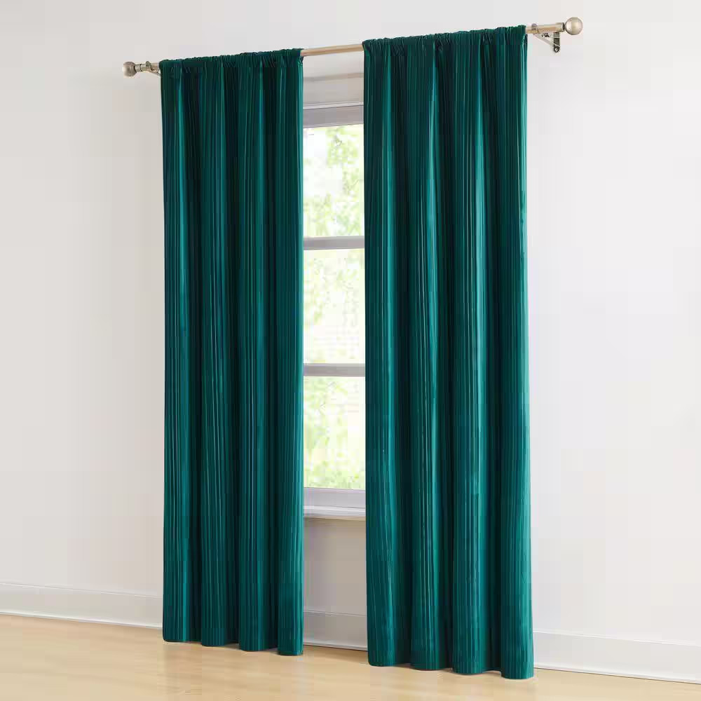 Glam Pleated Teal Velvet 38 In. W X 84 In. L Rod Pocket Light Filtering Curtain