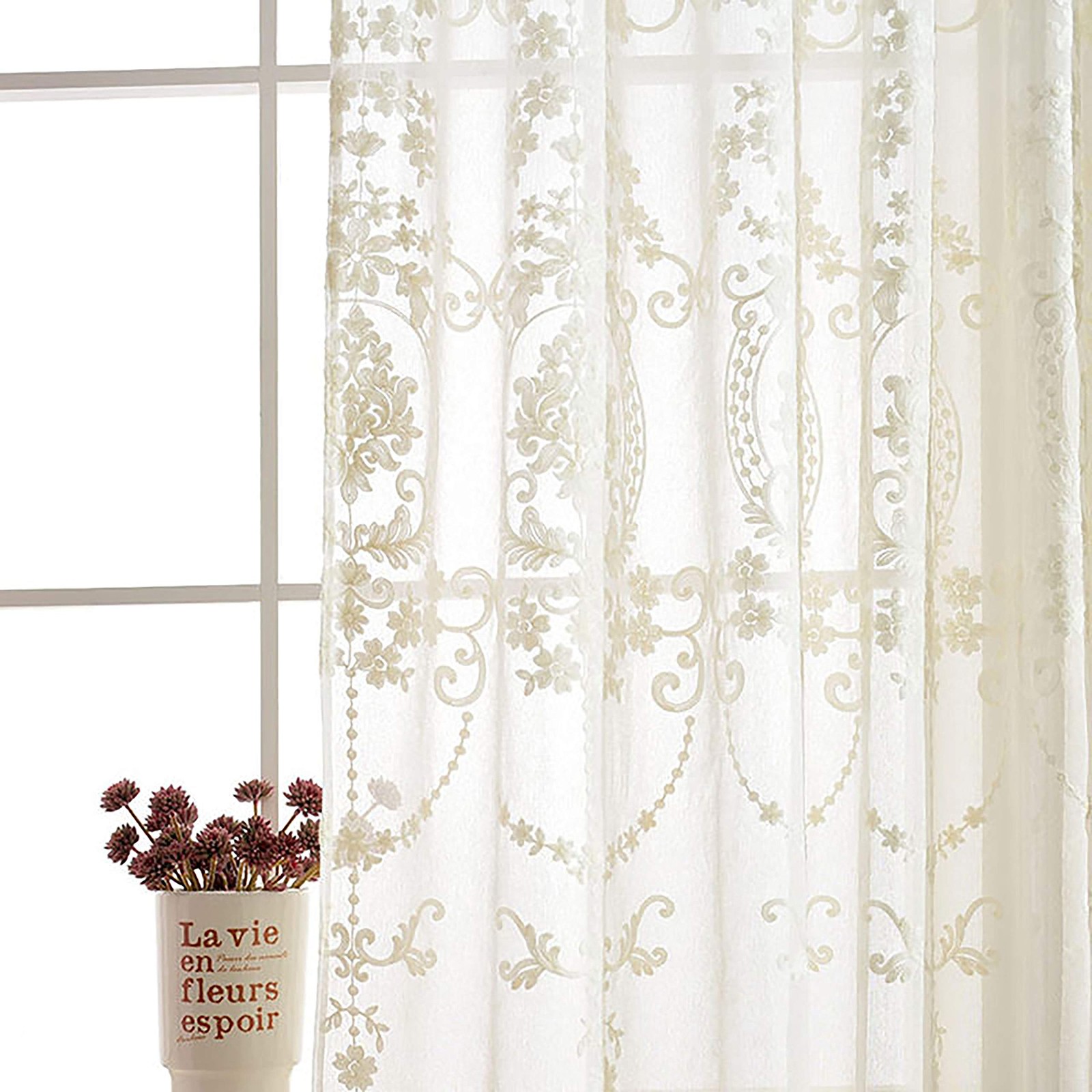 2 Panels White European Style Sheer Curtain Embroidered Window Curtains Europ…