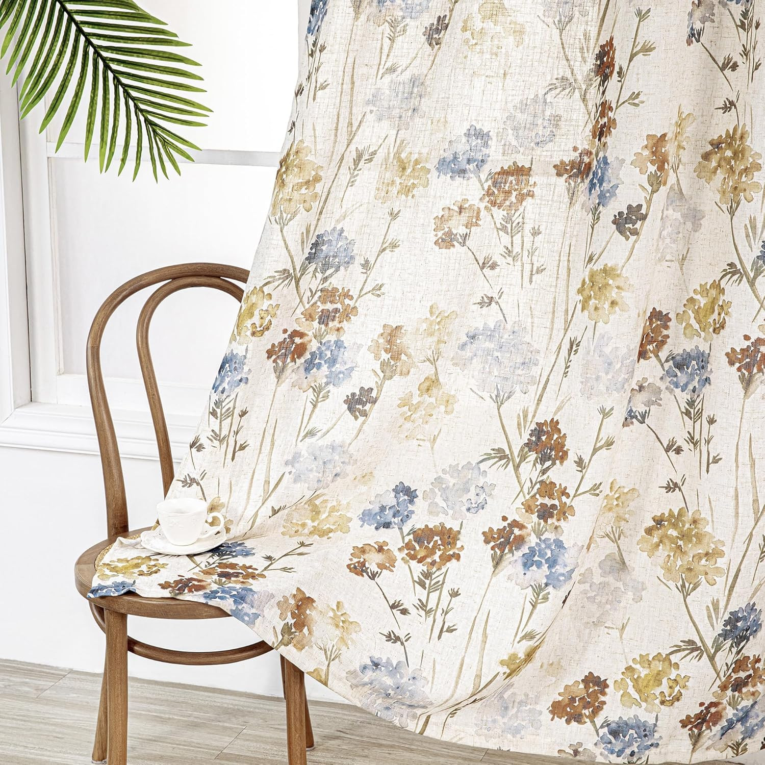 Floral Linen Curtains 84 Inch Length 2 Panels Set Spring Flower Patterned Semi S