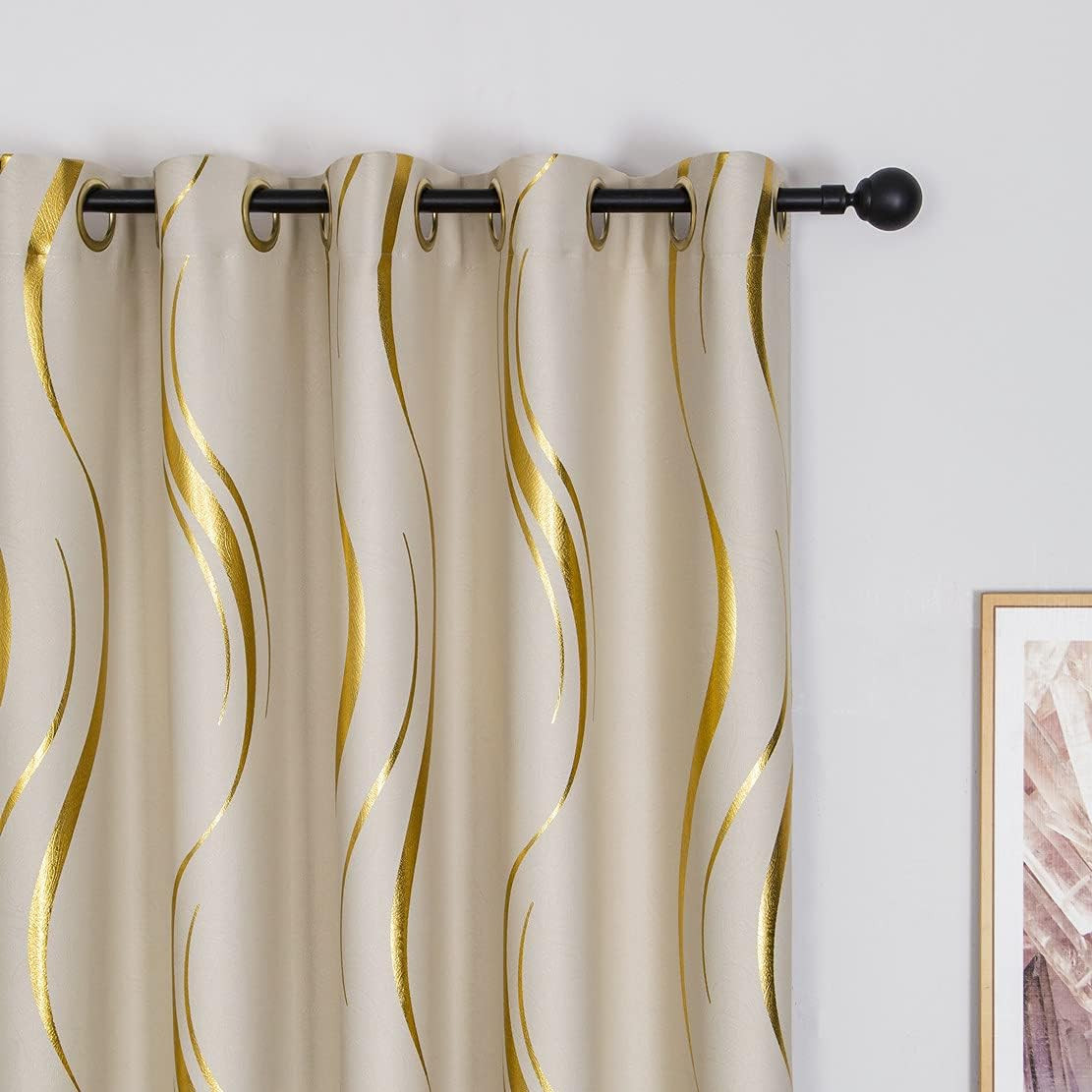 Elegant Beige and Gold Striped Foil Print Curtains – 2 Panels, 54×84 inches