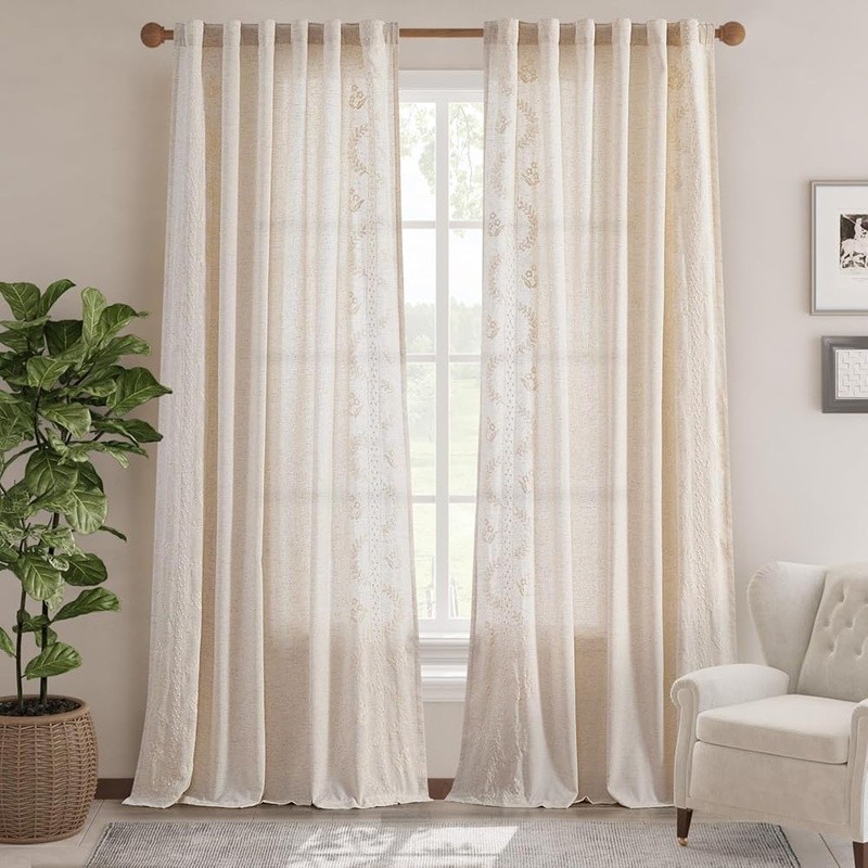 Floral Embroidered Linen Blend Curtains Farmhouse Light Filtering Privacy Panels