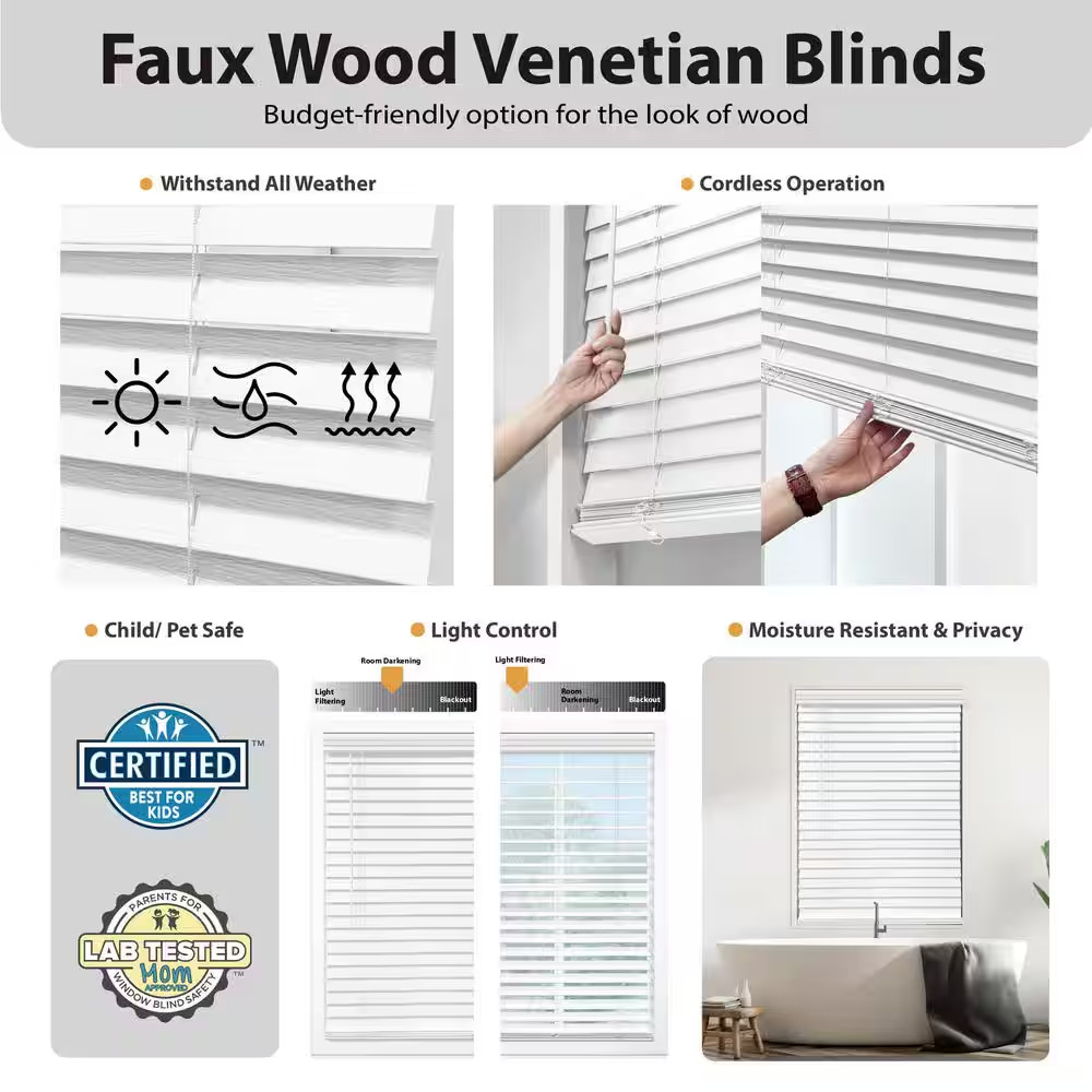 Textured Dark Oak Cordless Room Darkening Faux Wood Blinds with 2 In. Slats – 34