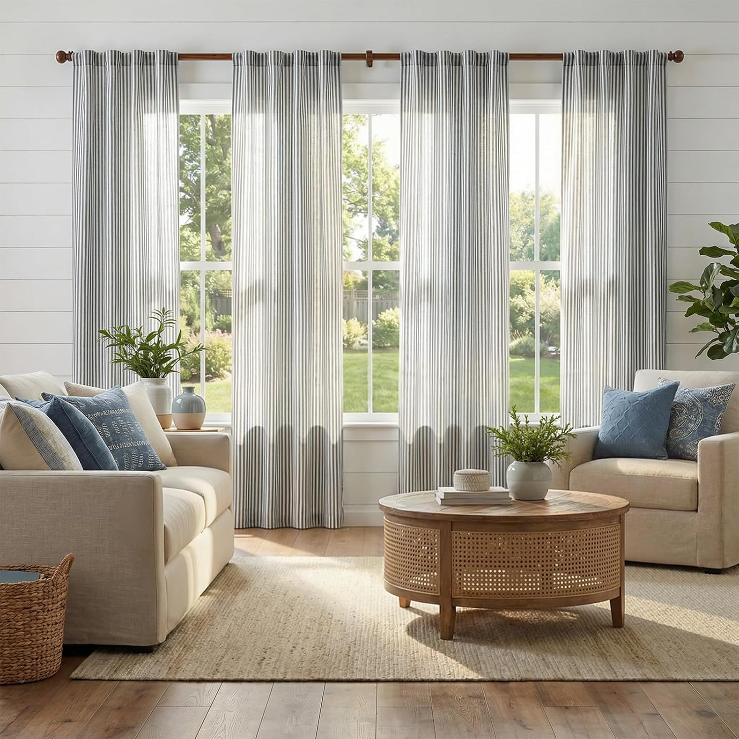 jinchan Linen Curtains for Living Room Blue on Beige Striped Curtains for Bedroo