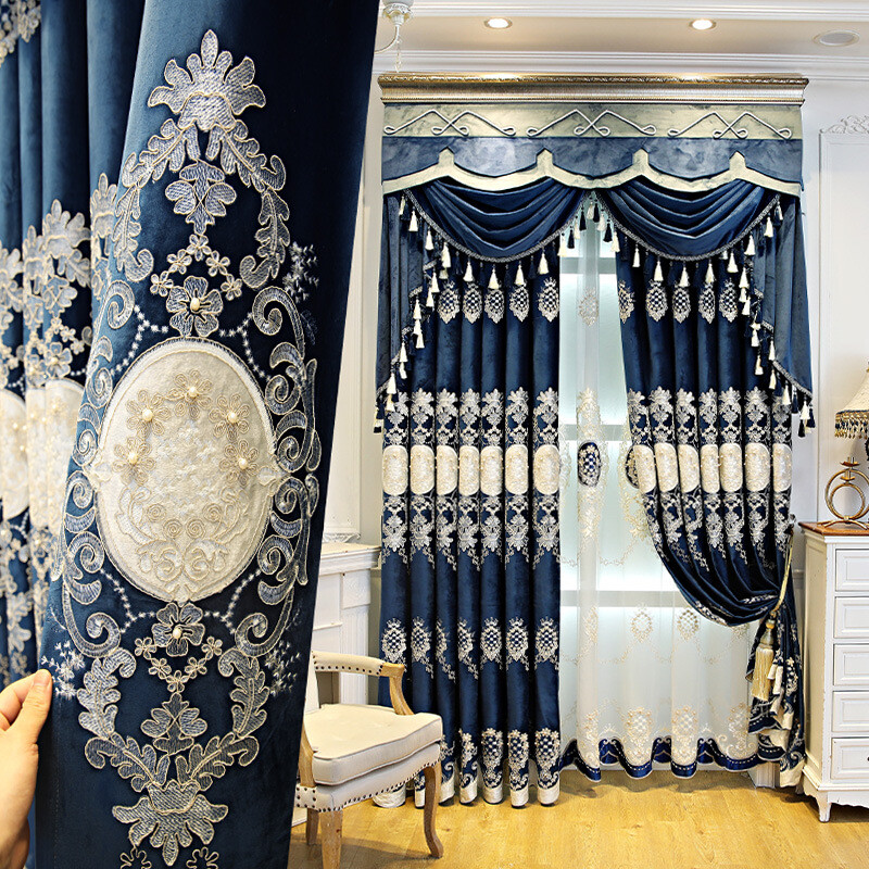 European flannelette embroidery blue vevet cloth curtain valance drape C1268