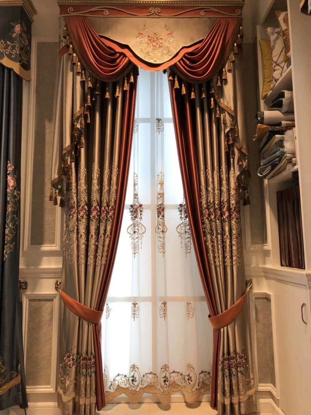 luxury classical European cloth velvet embroidery curtain valance tulle M1733