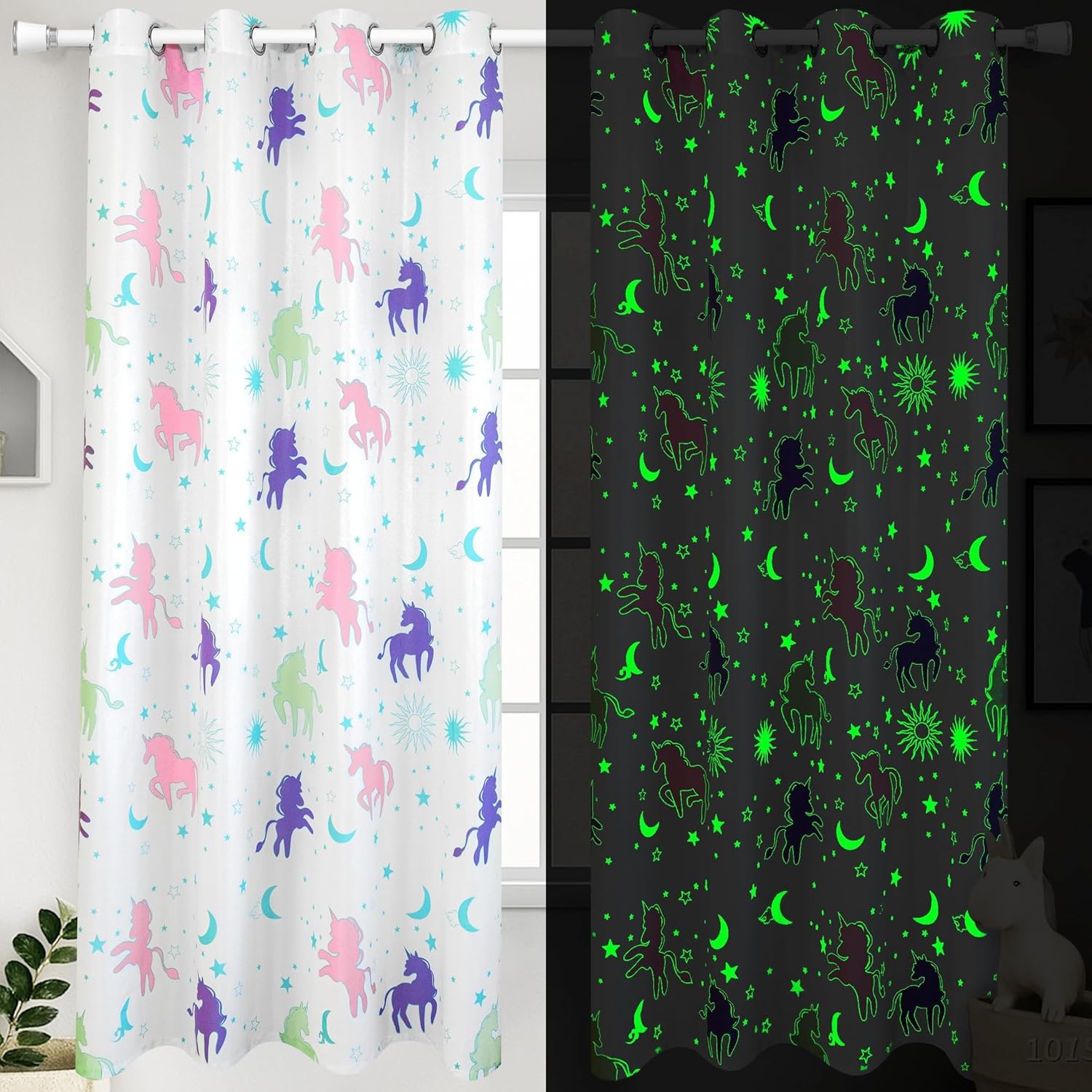 Unicorn Curtains for Girls Bedroom Decor, Glow in The Dark Pastel Princess Pink