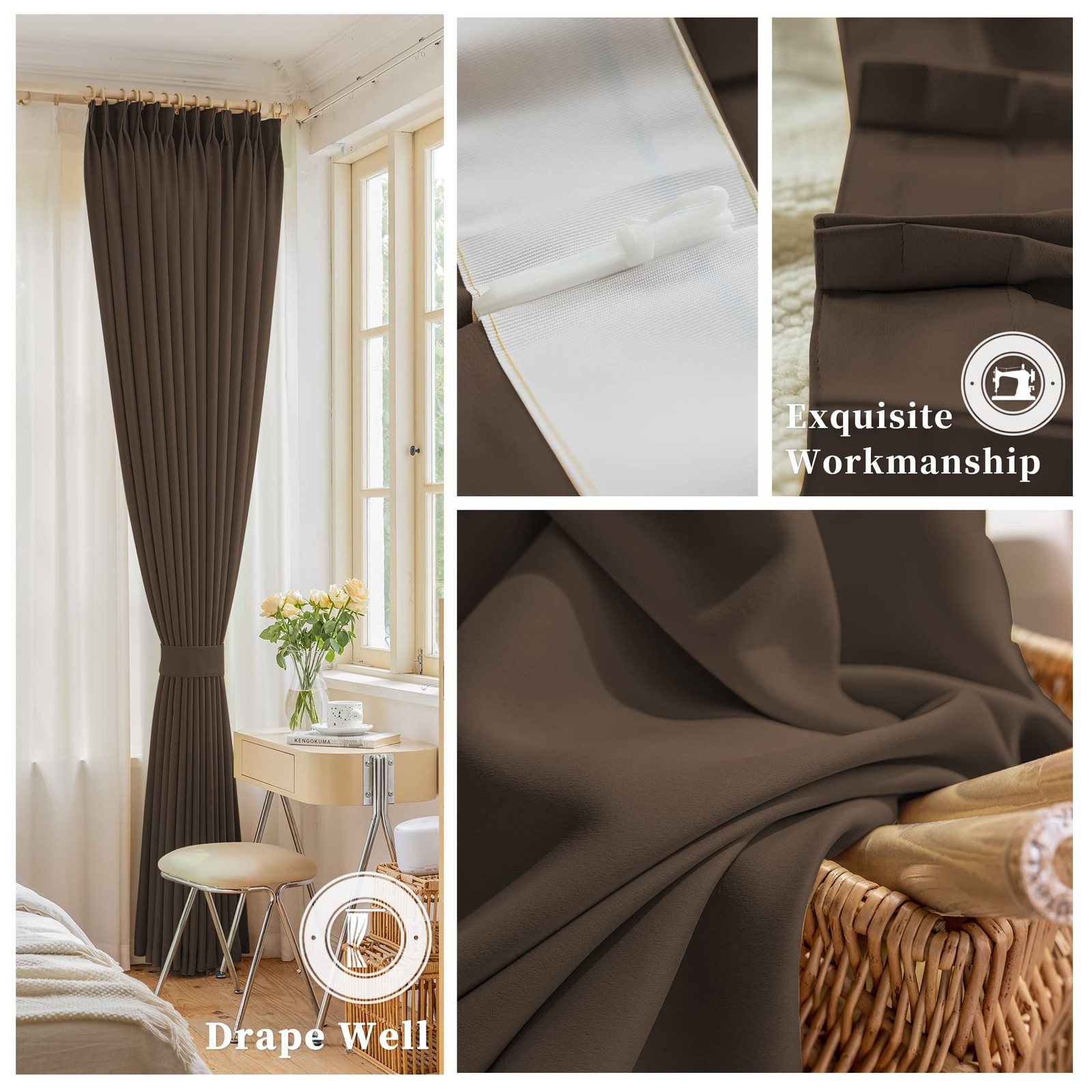 OYRING Chocolate Brown Pinch Pleated Curtain 52W x 96L Inches, Thermal Insula…
