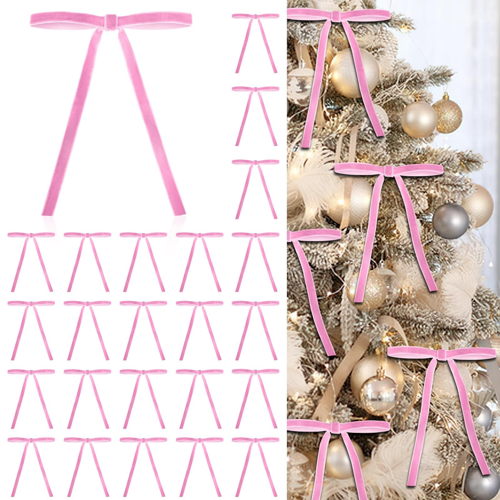 24 PCS 5×7 Inch Pink Velvet PreTied Ribbon Bows Christmas Tree Holiday Decor