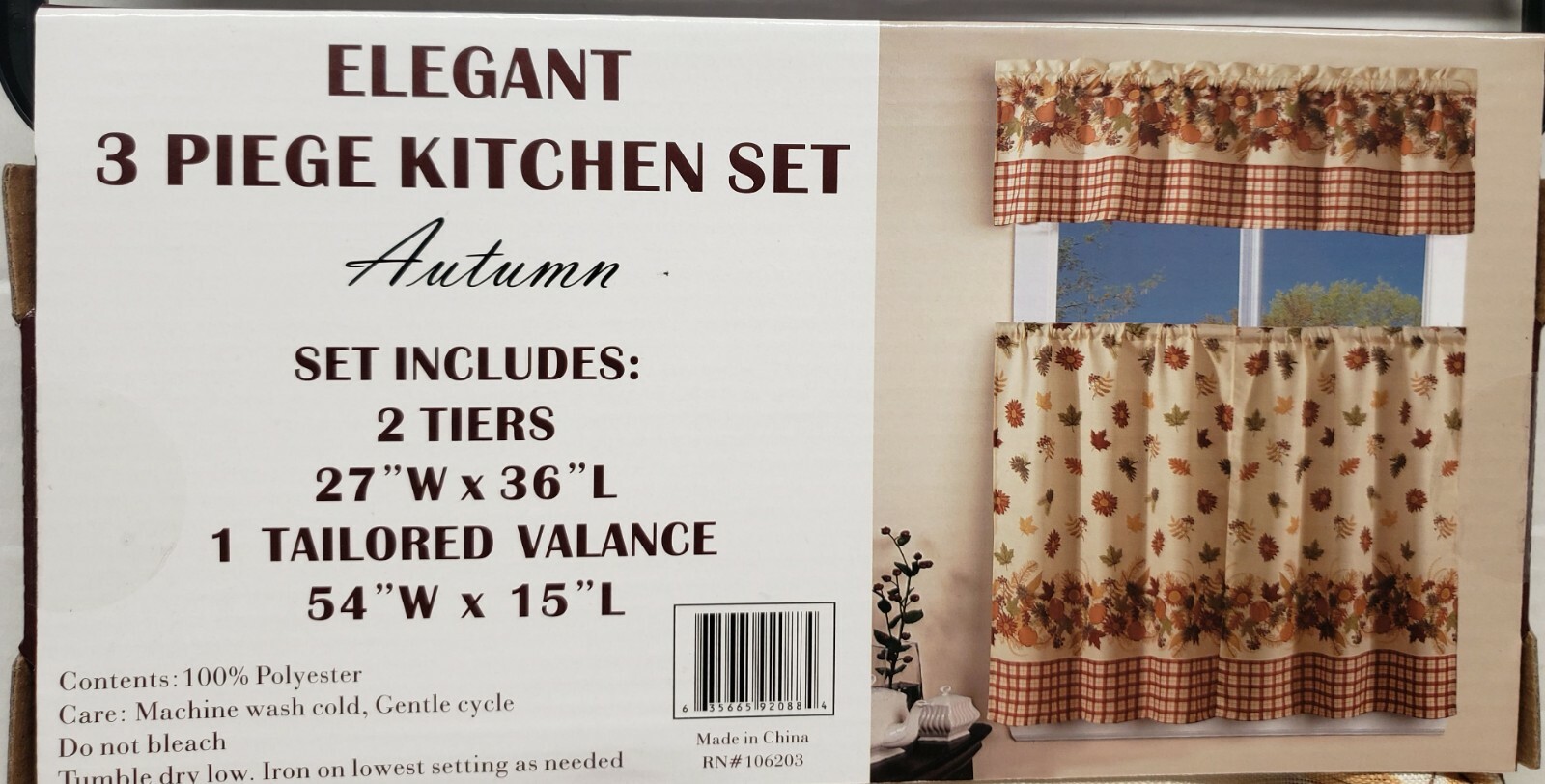 3pc Curtains Set:2 Tiers(27″x36″) &Valance(54″x15″) ELEGANT AUTUMN, FALL,Sunrise