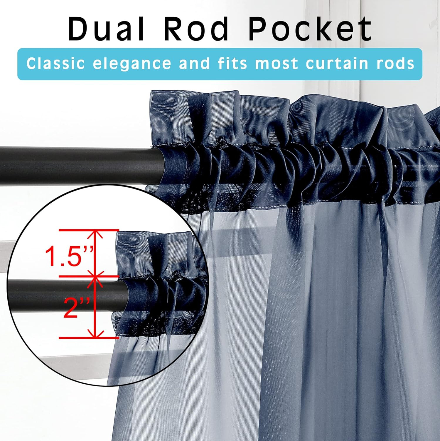 Cortinas transparentes de 137 cm de largo, juego de 2 paneles, cortina con bolsi
