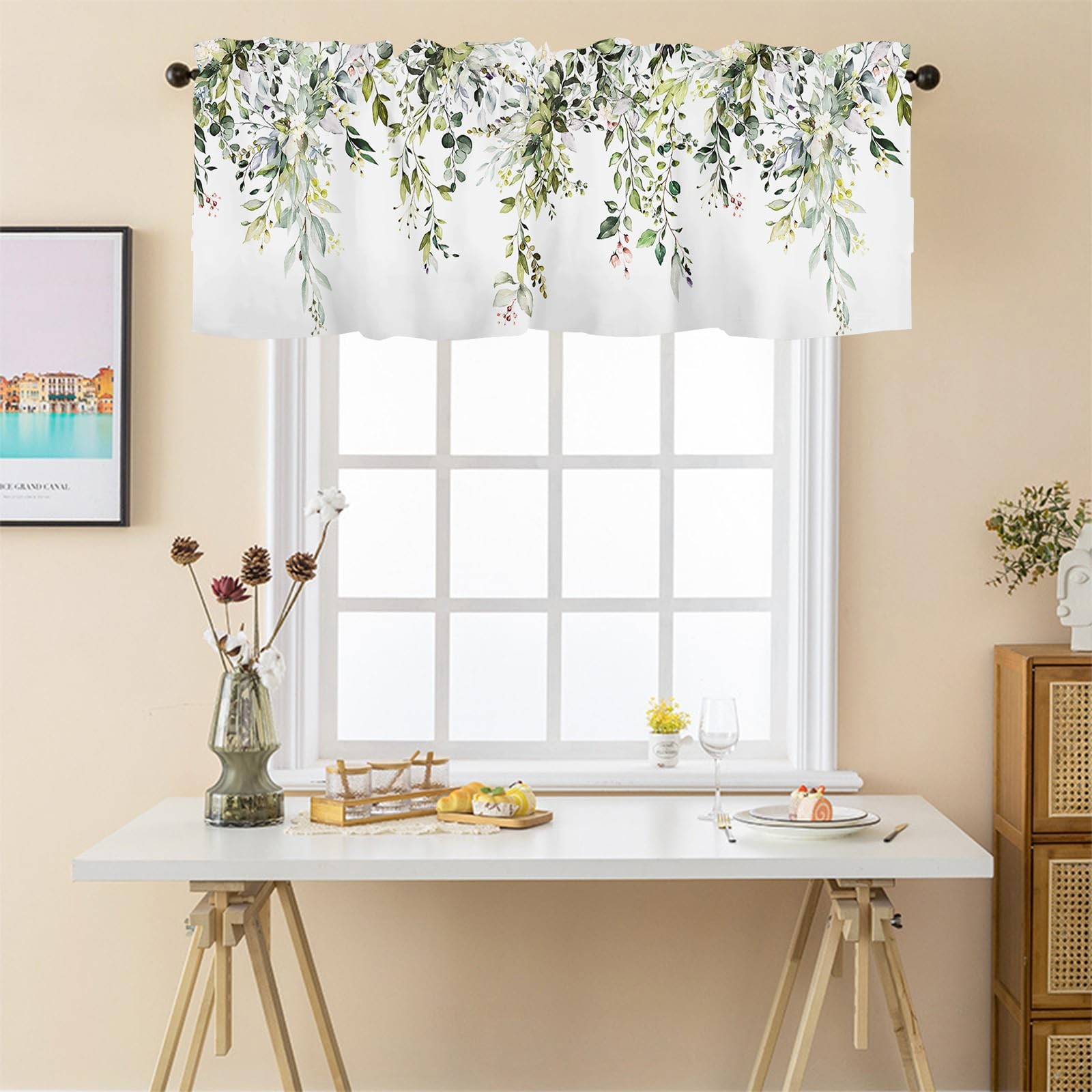Sage Green Leaf Kithen Curtains Valances for Windows Spring Summer Eucalyptus Le