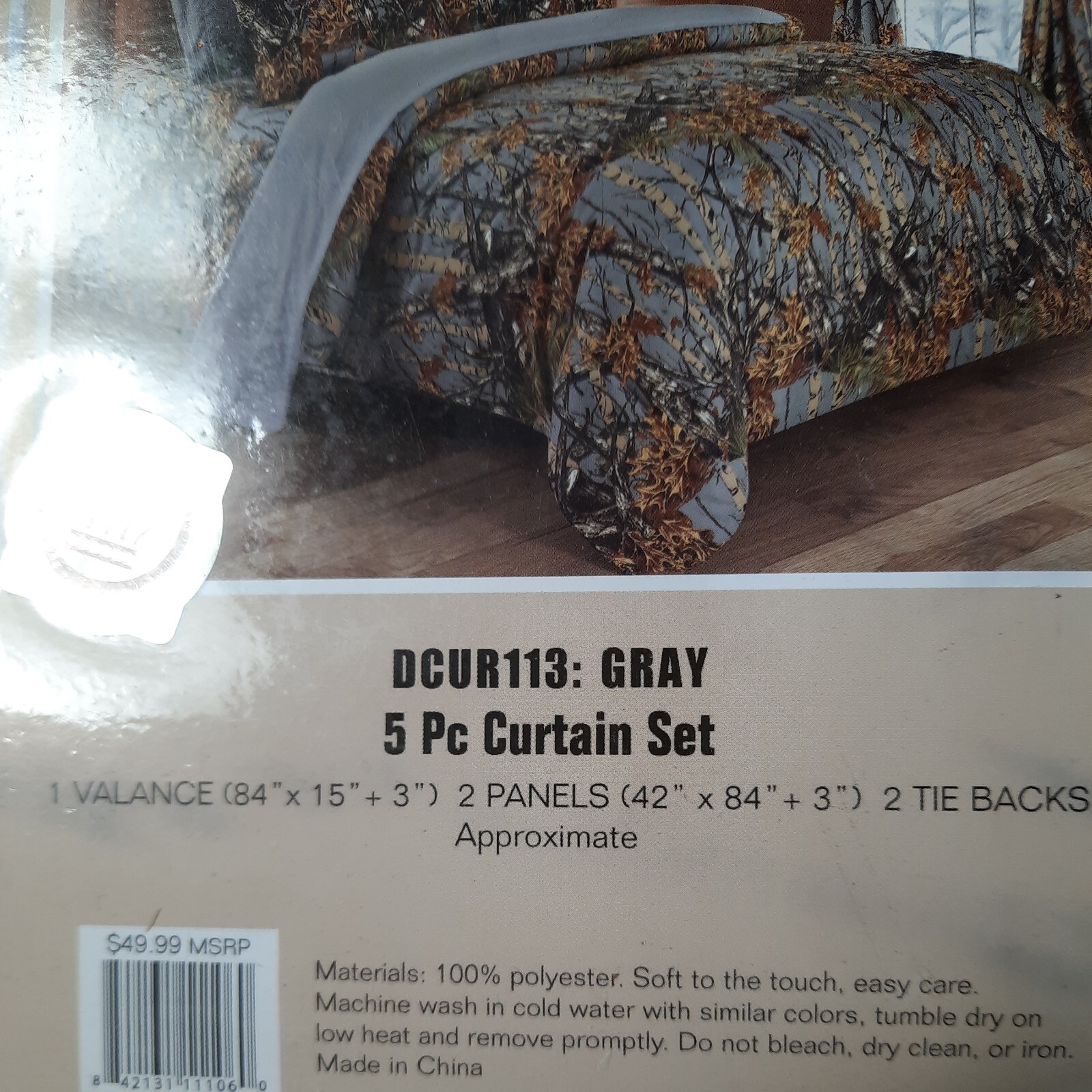 5 PC CURTAIN VALANCE SET GRAY CAMO!! CAMOUFLAGE THE WOODS