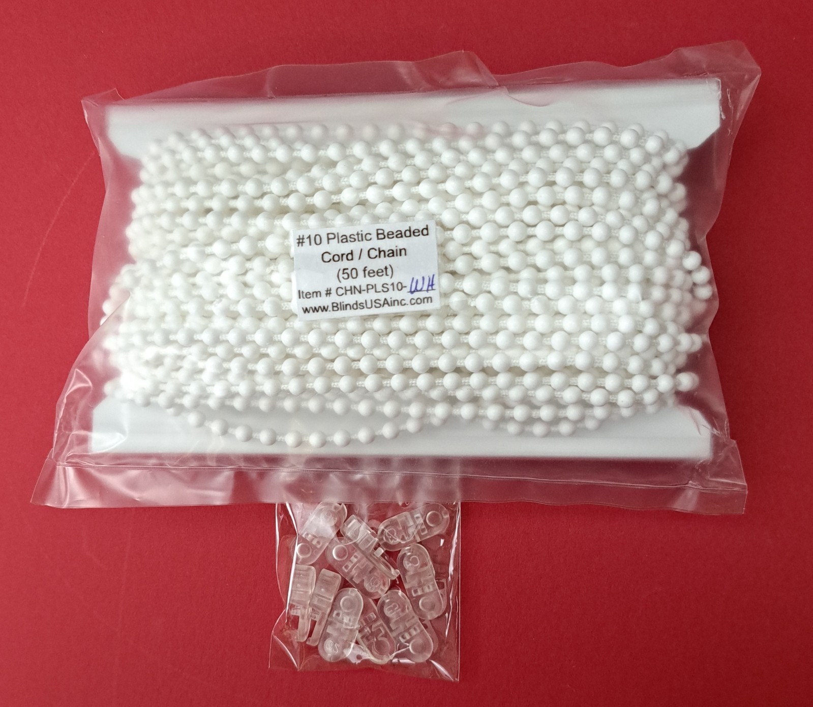 4.4 mm White Plastic Beaded Chain 50 feet with Connectors for Blinds and Shades