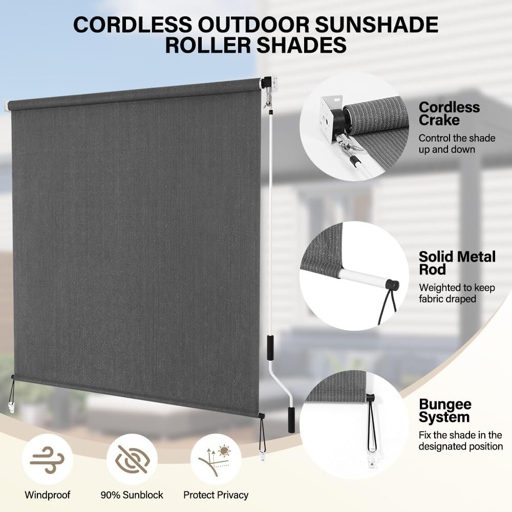 Outdoor Roller Shades 8′ W x 6′ L (96″ W x 72″ H), Cordless Patio Shades Roll Up