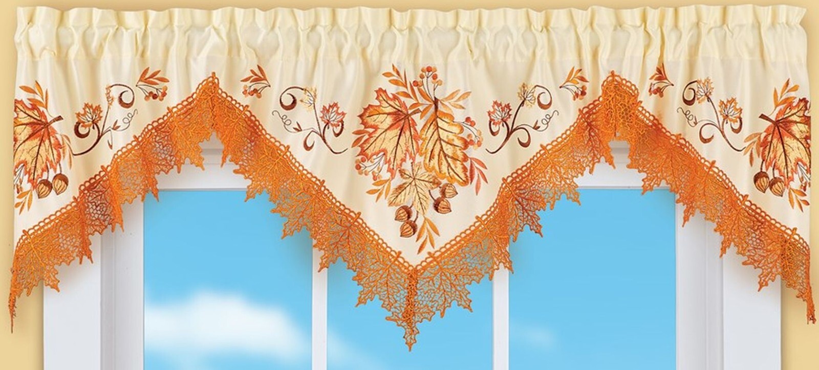 1 Fabric Embroidered Lace Valance (16.25″Lx58″W) FALL,LEAVES & ACORNS BORDER, CE