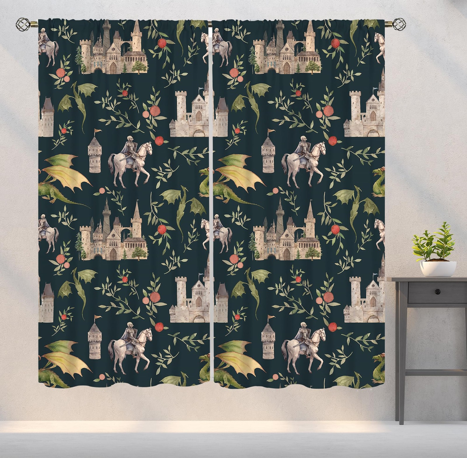 Dragon Curtains, Magical Medieval Castle Dragon Knights and Floral Pattern Wi…