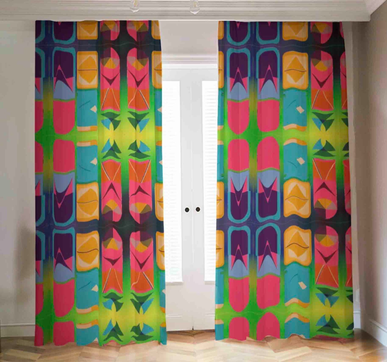 Retro Modernist Blackout Curtains Room Darkening Mid Century Drapes Shades Green
