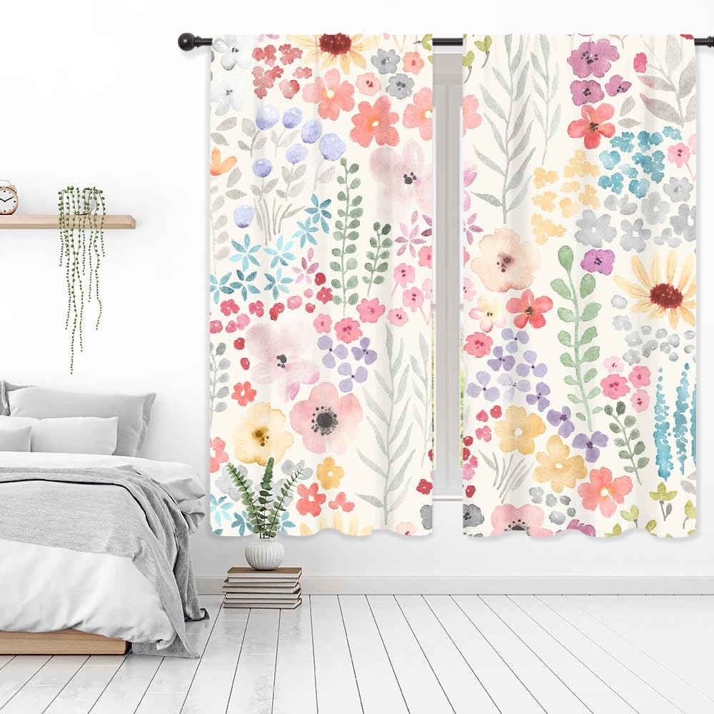 Colorful Floral Curtains Pink Cute Boho Wildflower Trendy Plant Leaves Botani…