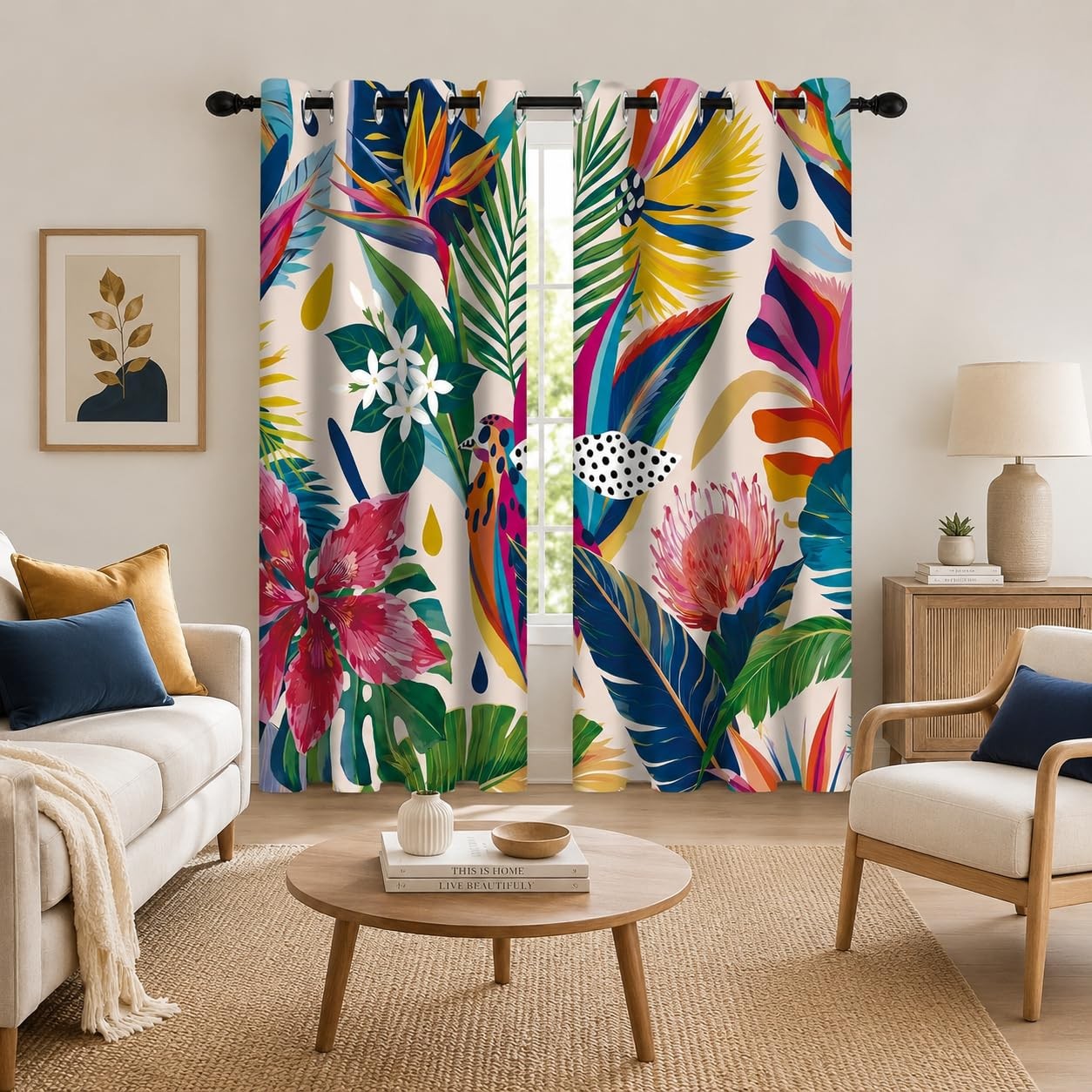 Colorful Tropical Blackout Curtains, Jungle Leaf Boho Abstract Aesthetic Art …