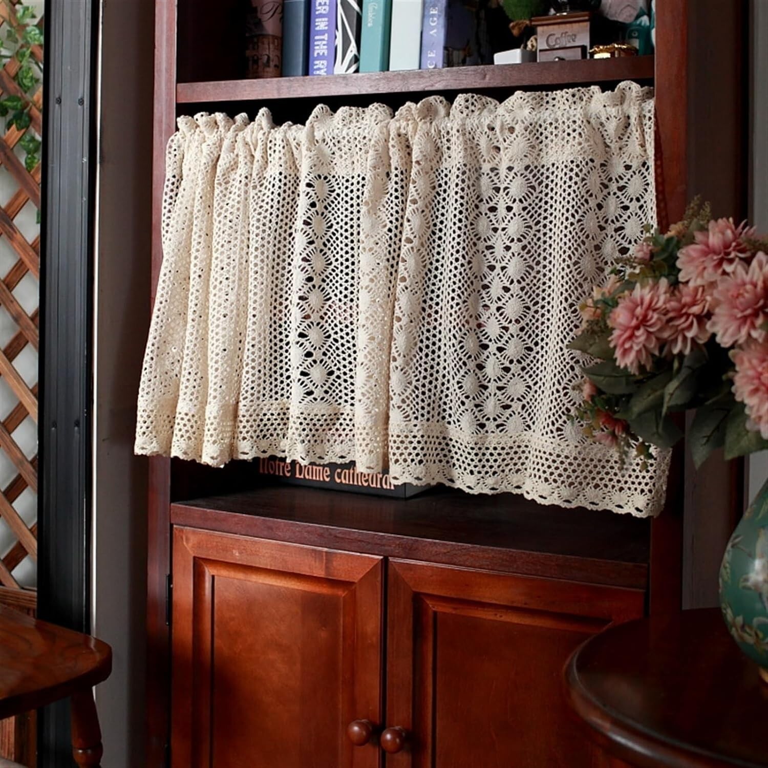 Boho Crochet Floral Lace Kitchen Window Curtains Cafe Tiers w/ Tassel Rod Pocket