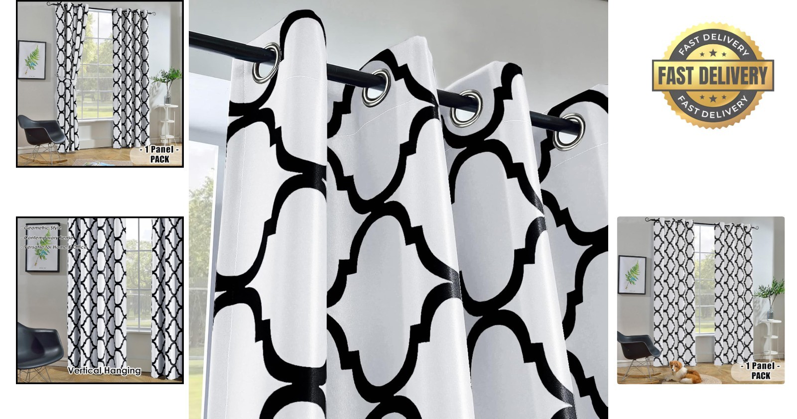 Single Panel 52×45 Inch Moroccan Room Darkening Curtain – Off White/Black Design