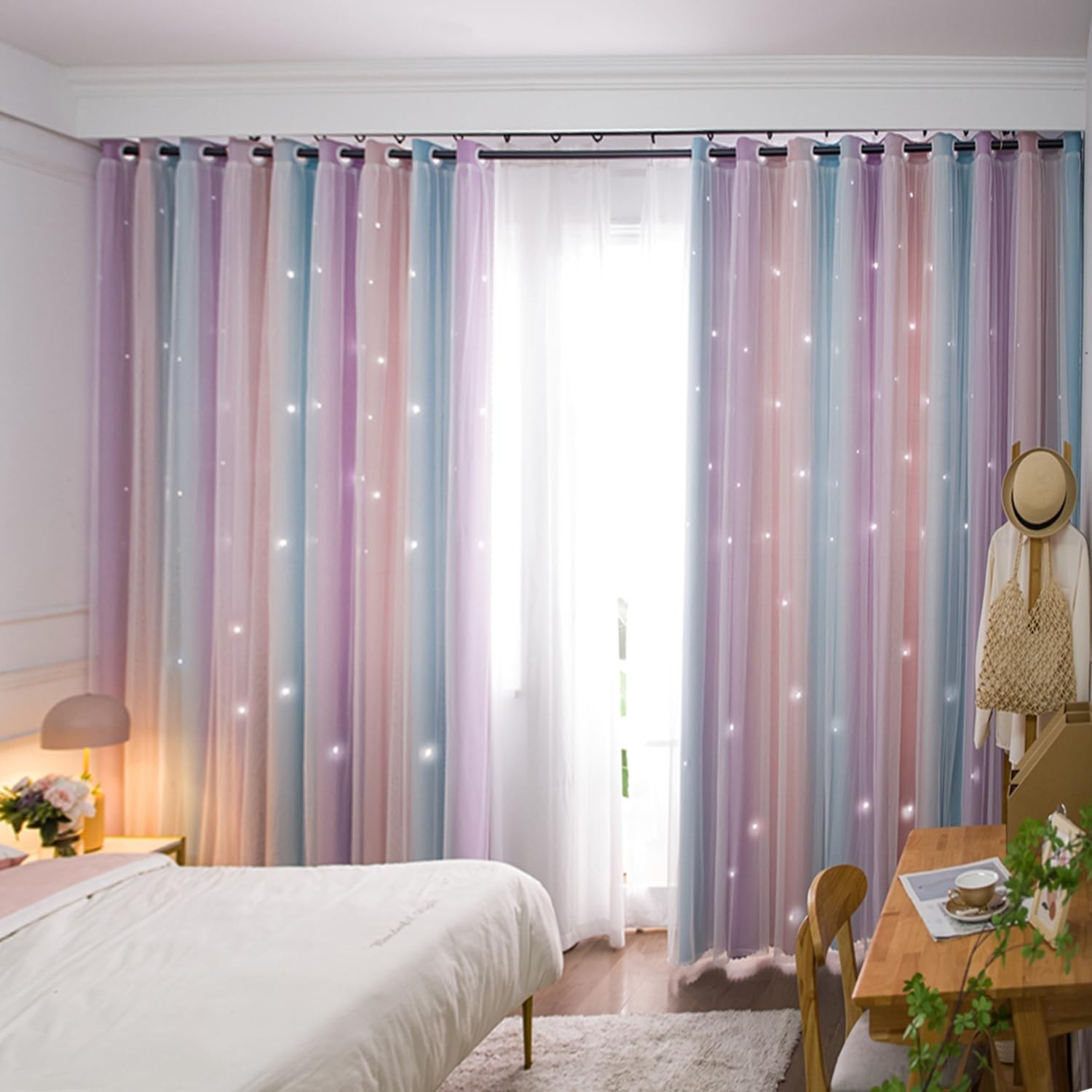 Cortinas 2 capas ninas oscurecimiento 63 pulgadas argollas rosa purpura