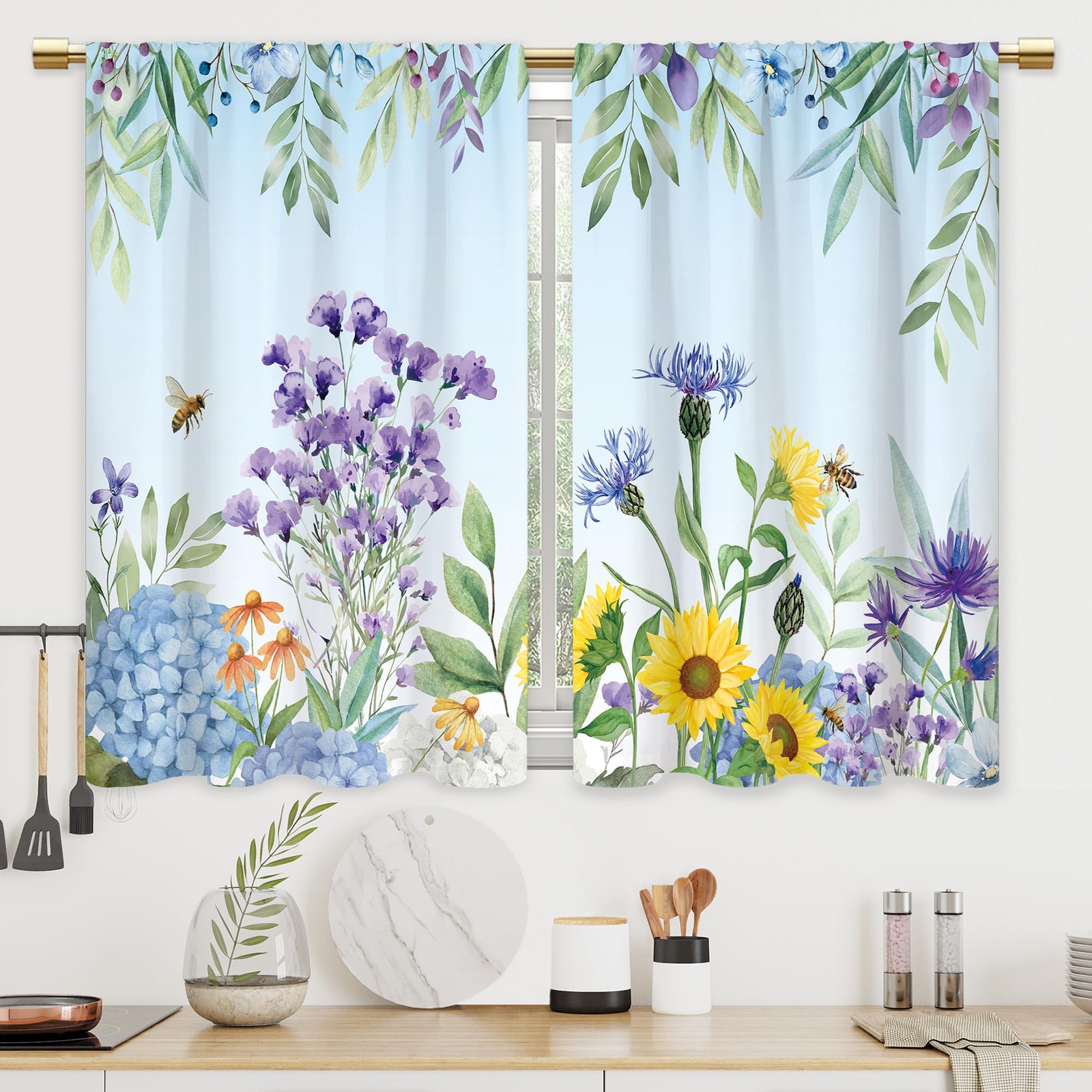 Blue Purple Flower Floral Kitchen Curtains Spring Botanical Plant Bathroom Cu…