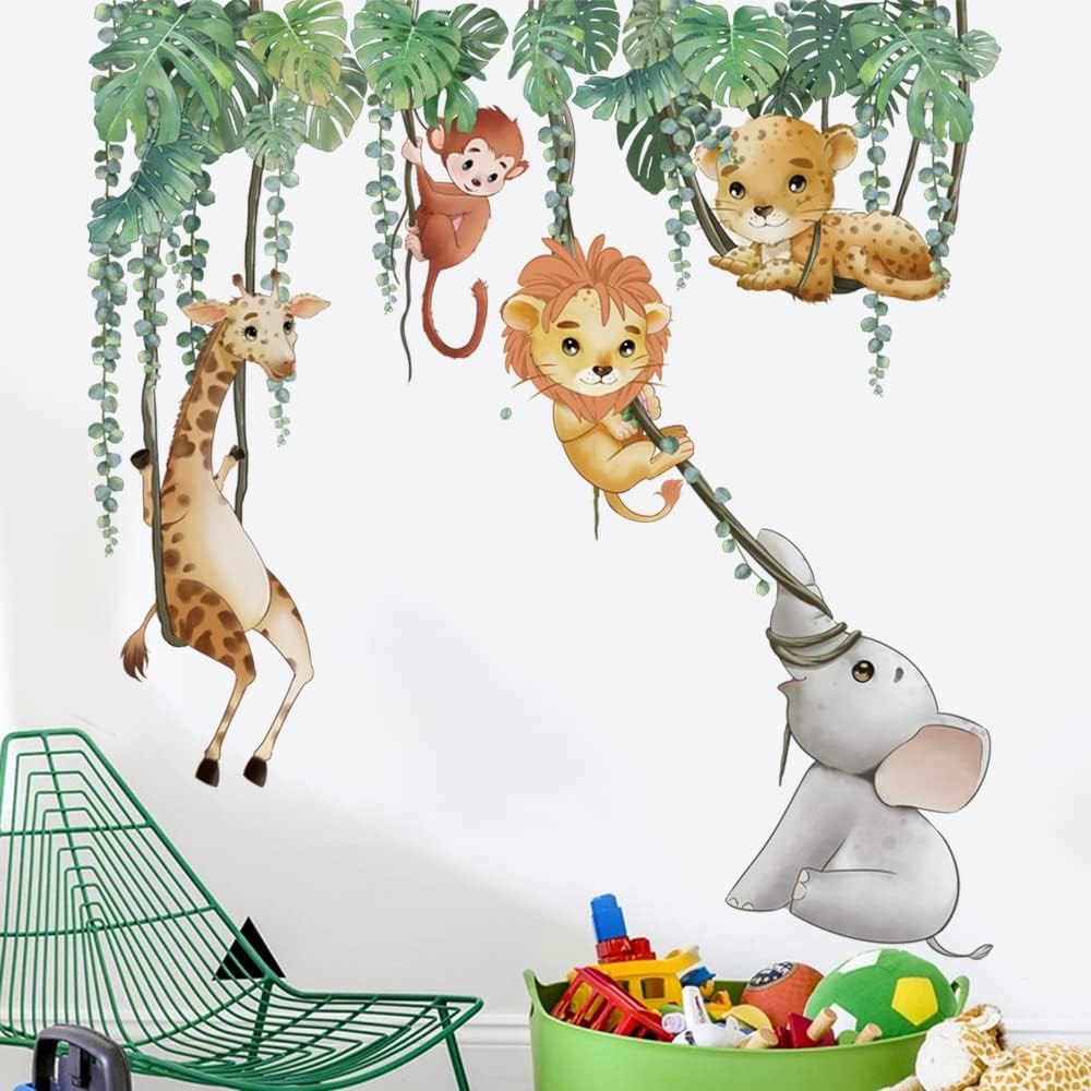 Runtoo Safari Animals Wall Decals Palm Leaves With Vine