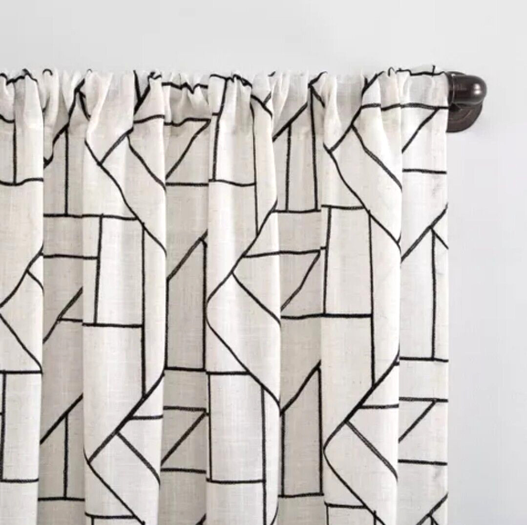 1 Pair 50×95 Archaeo Jigsaw Embroidery Linen Blend Curtain Panels Black/Cream