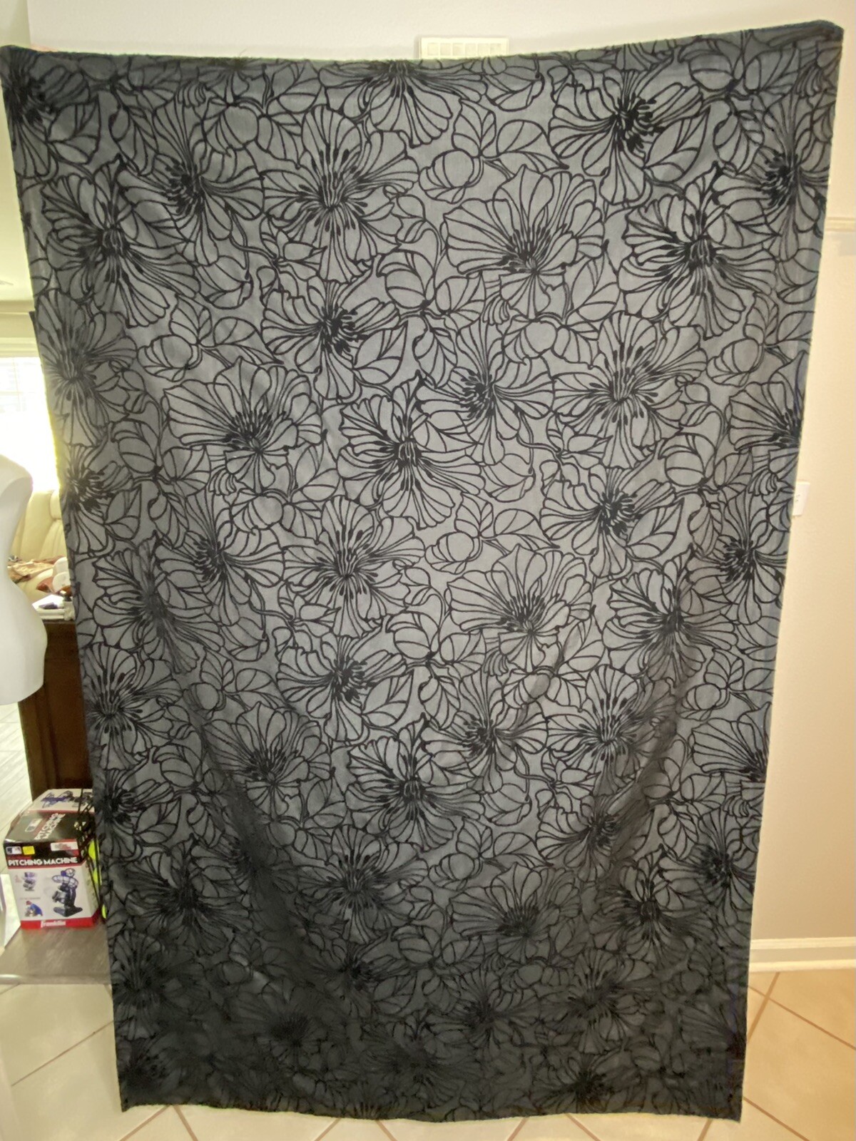 Black Curtain Panel w Floral Velvet Pattern in Black 53.5″ Wide x 84″ Long