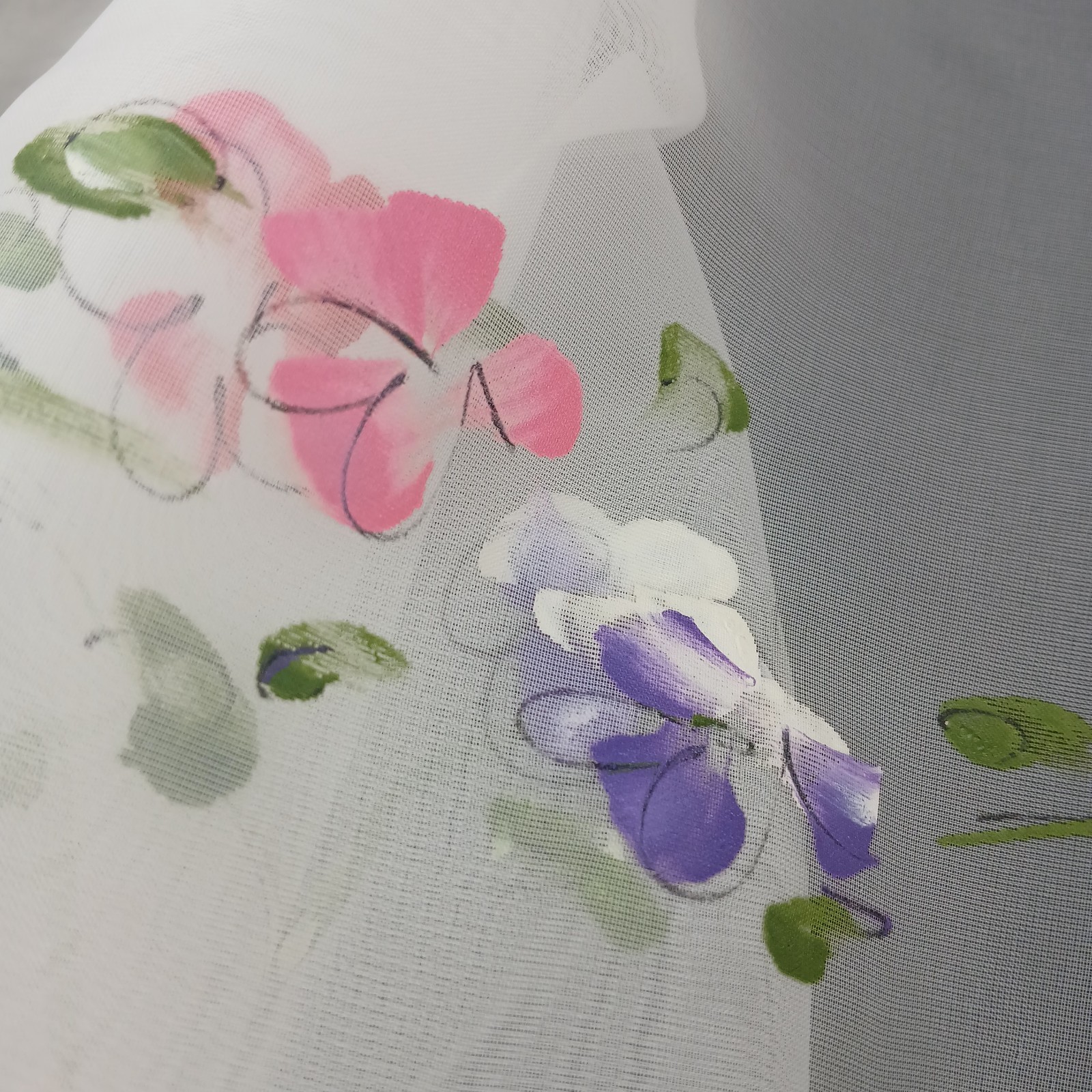 Vintage Sheer Valance Window Single Floral Painted White Cottagecore 68″