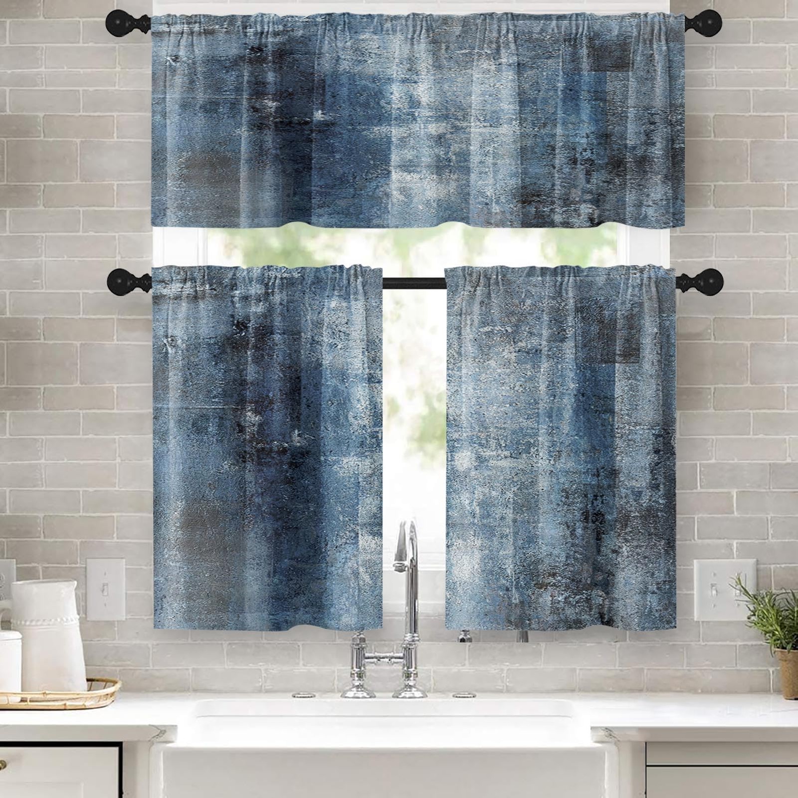 Blue Kitchen Window Curtains Valance and Tier Set, Grey Modern Rod Pocket Sho…