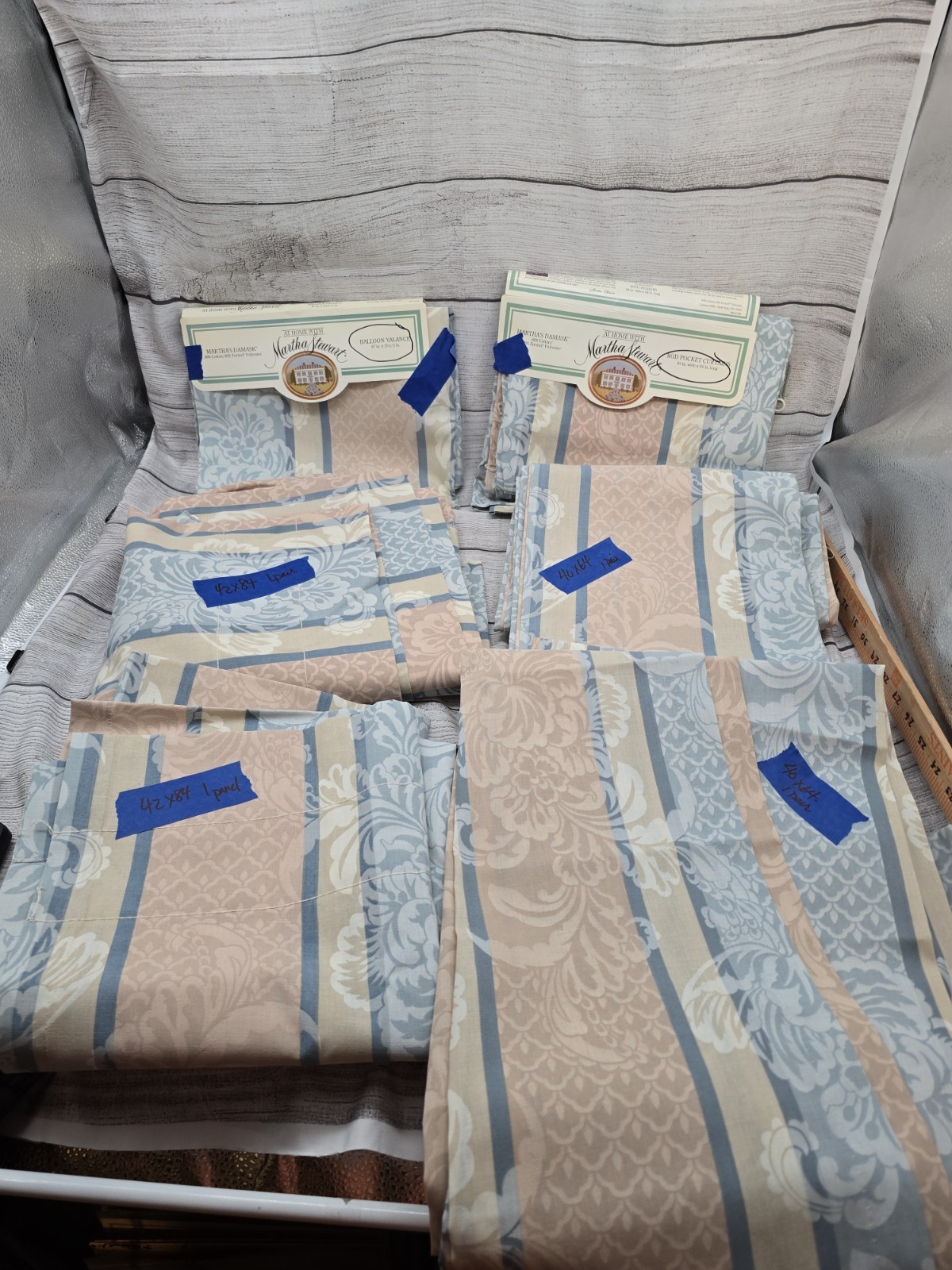 Large Lot Martha Stewart Damask Rod Pocket Curtains & 1 Valance. See Measurement