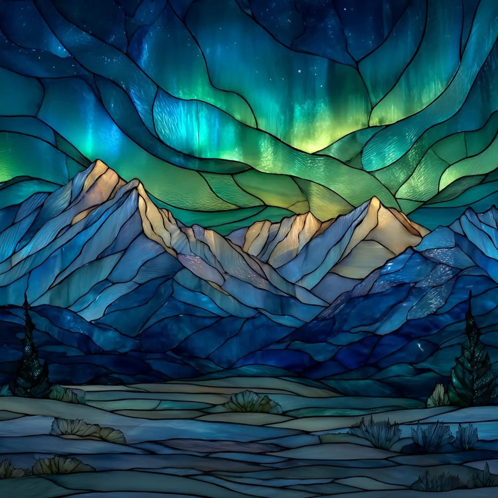 Stained Glass Window Door Cling Frosted | PVC Free Mountains Northern Lights