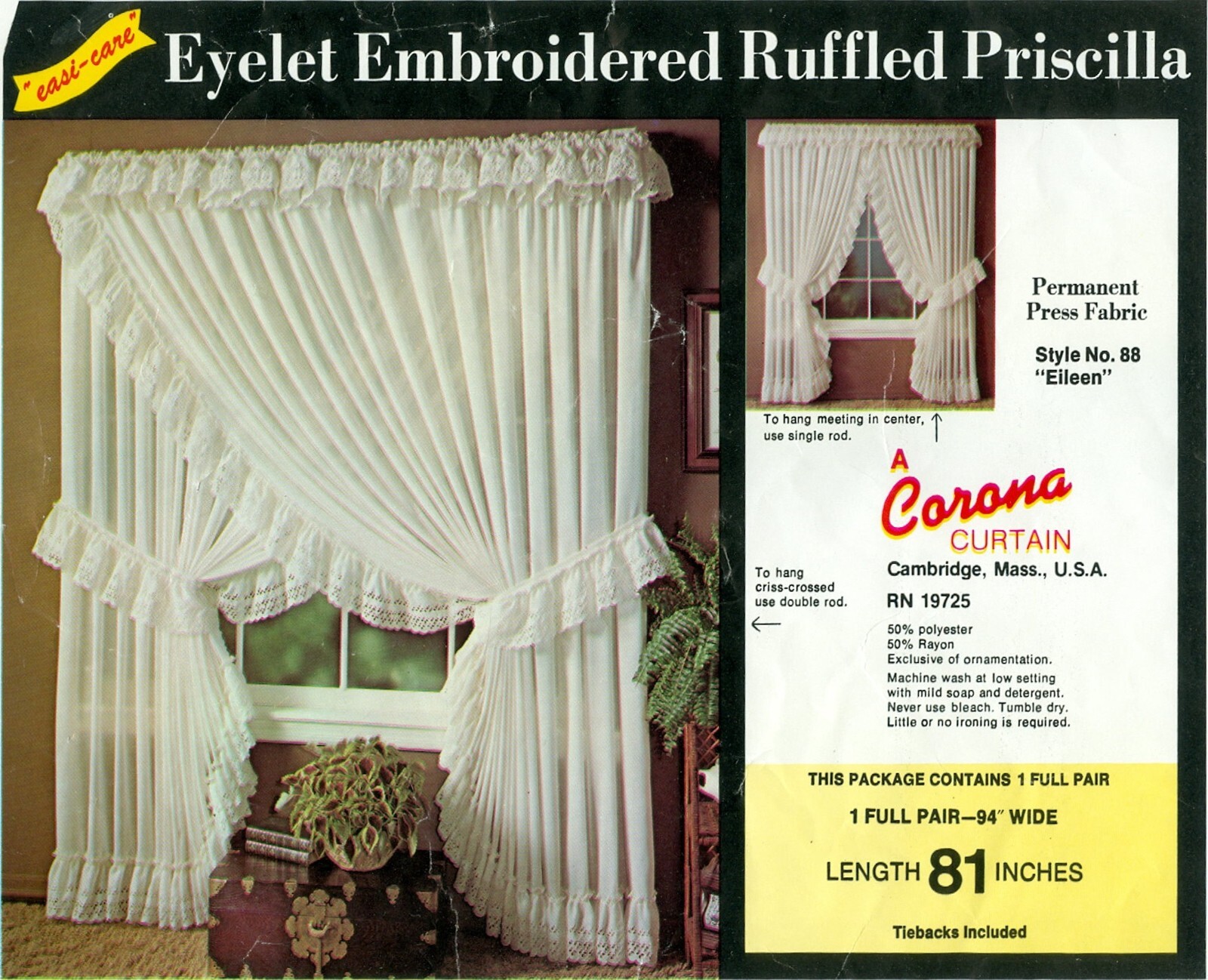 New US 94″ EYELET Ruffle Tieback Beige Curtain Pr SUPERSPECIAL