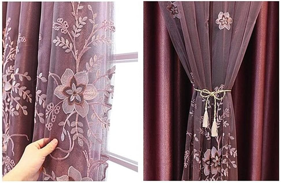 Luxury Flower Embroidered Double Layer Curtains, Blackout, 54×84 Inches – Purple