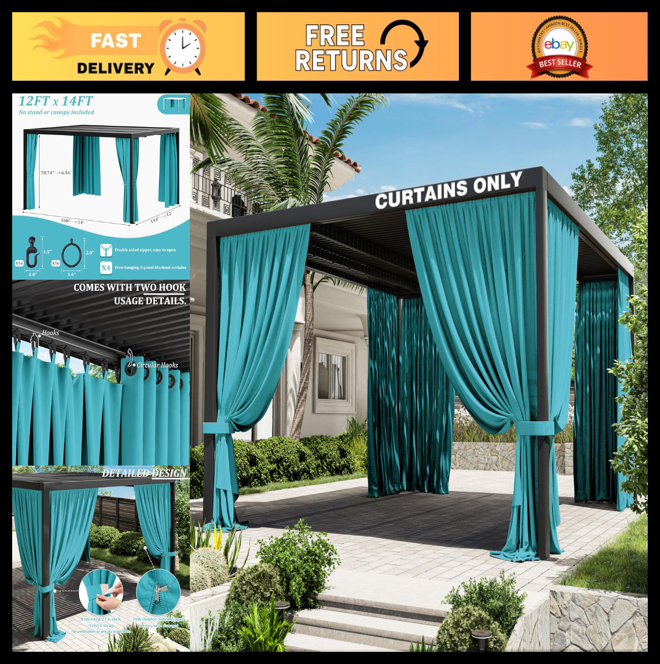 Universal Replacement Privacy Curtains for 12’×14′ Gazebo – Waterproof 4-Panels