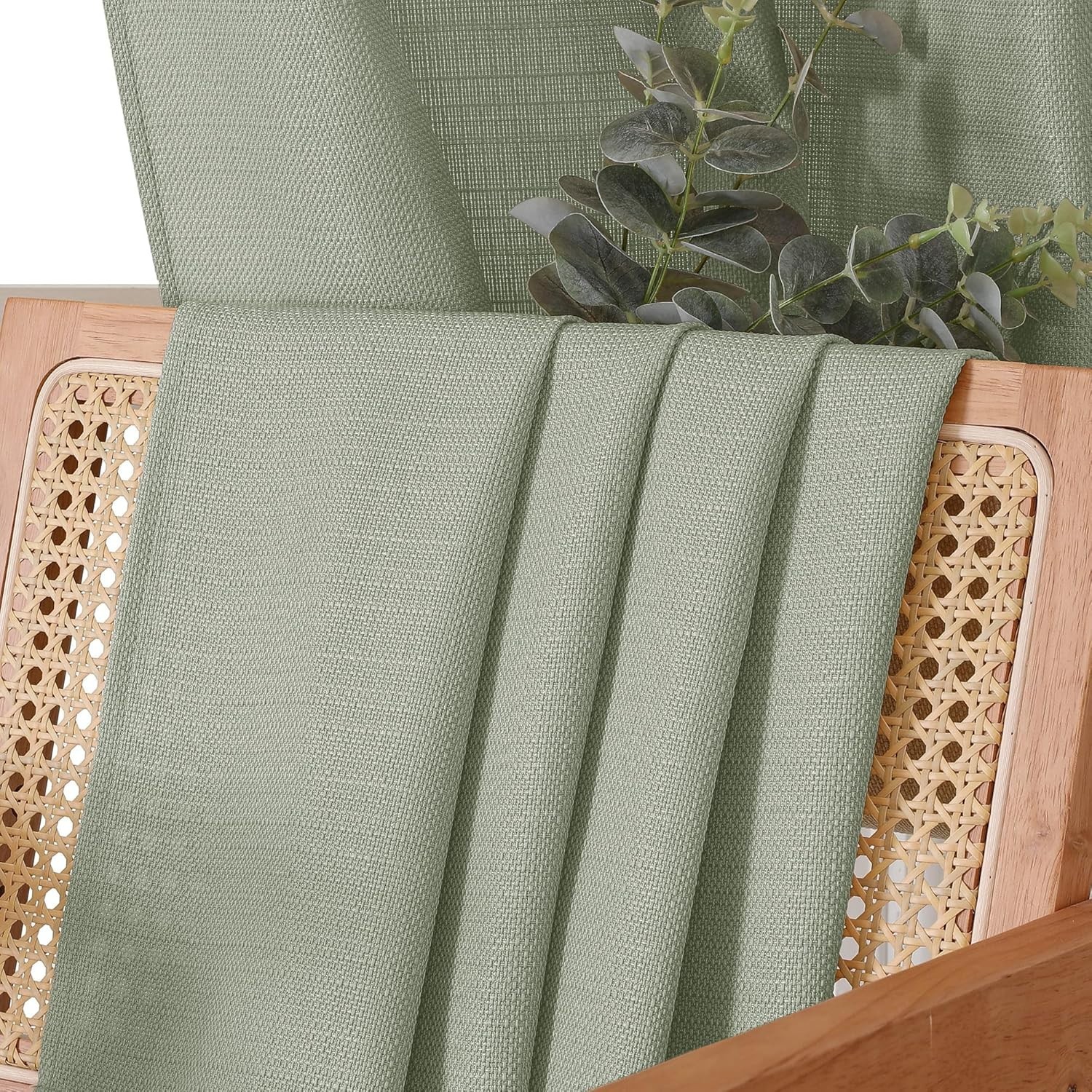 Bennet Light Green Curtains 45 Inch Length 2 Panels, Faux Linen Textured Semi…
