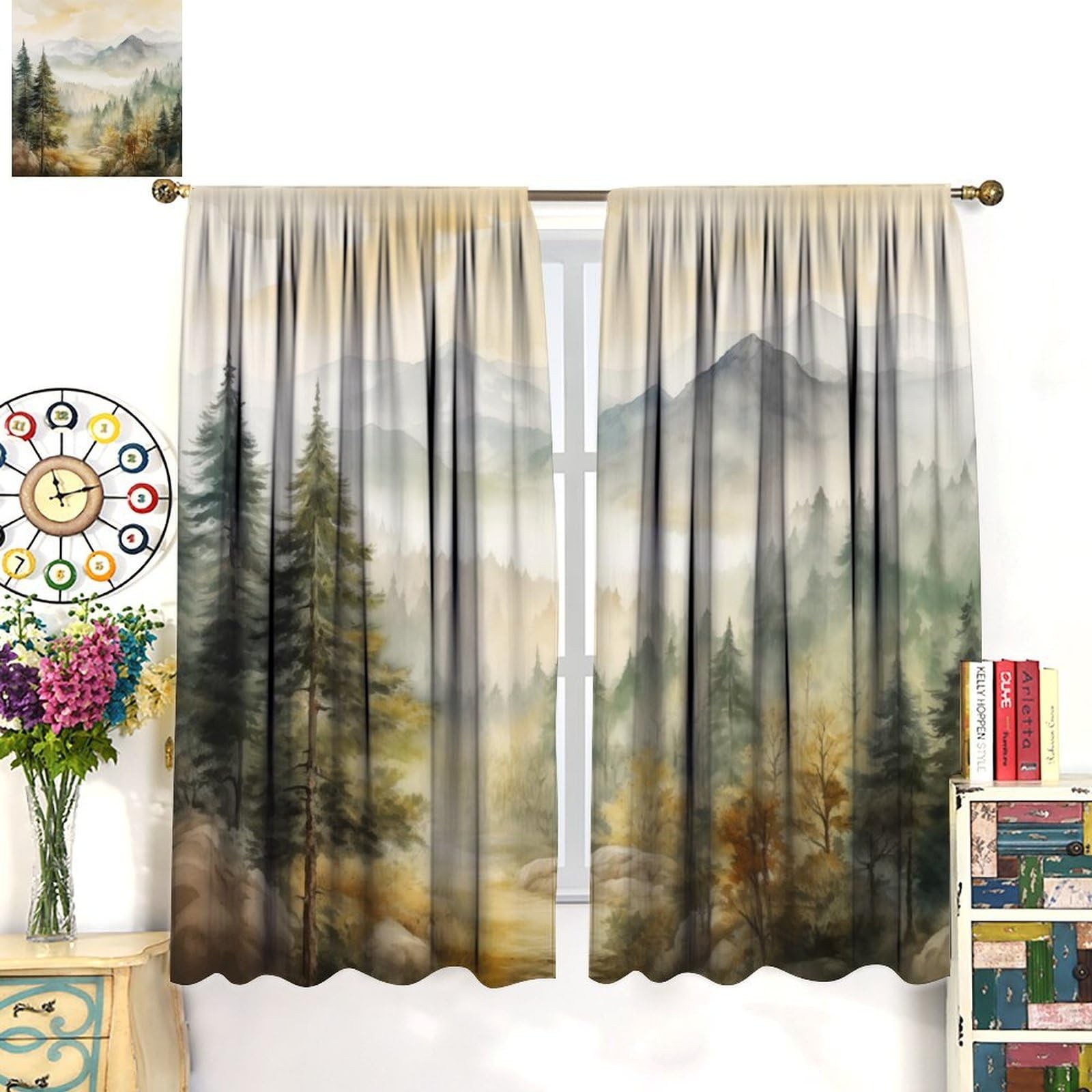 Forest Blackout Curtain for Kitchen, Mountain Forest Nature Tree Woodland Rod…