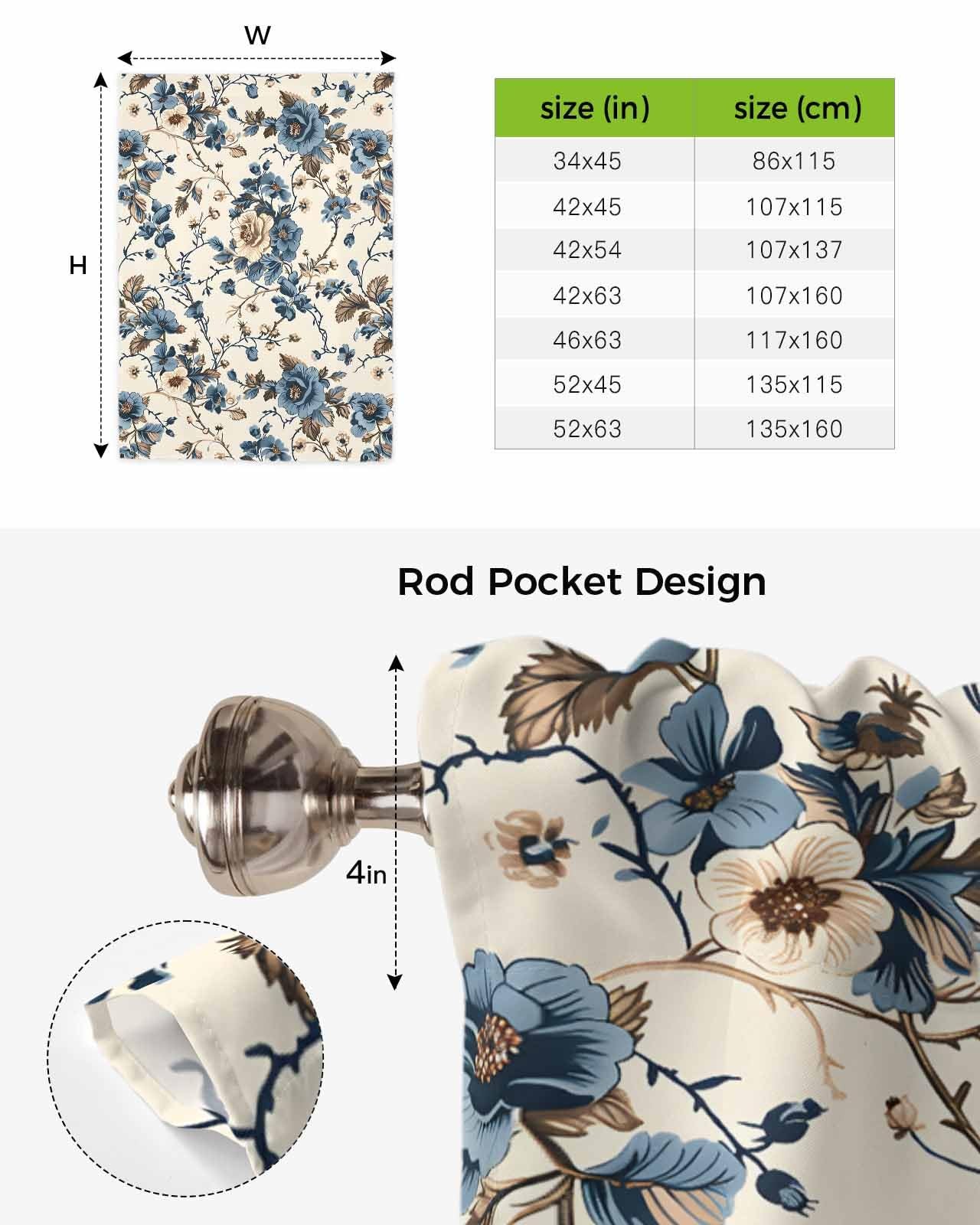 Blue Floral Tie Up Curtains Thermal Insulated Blackout Window Adjustable Ball…