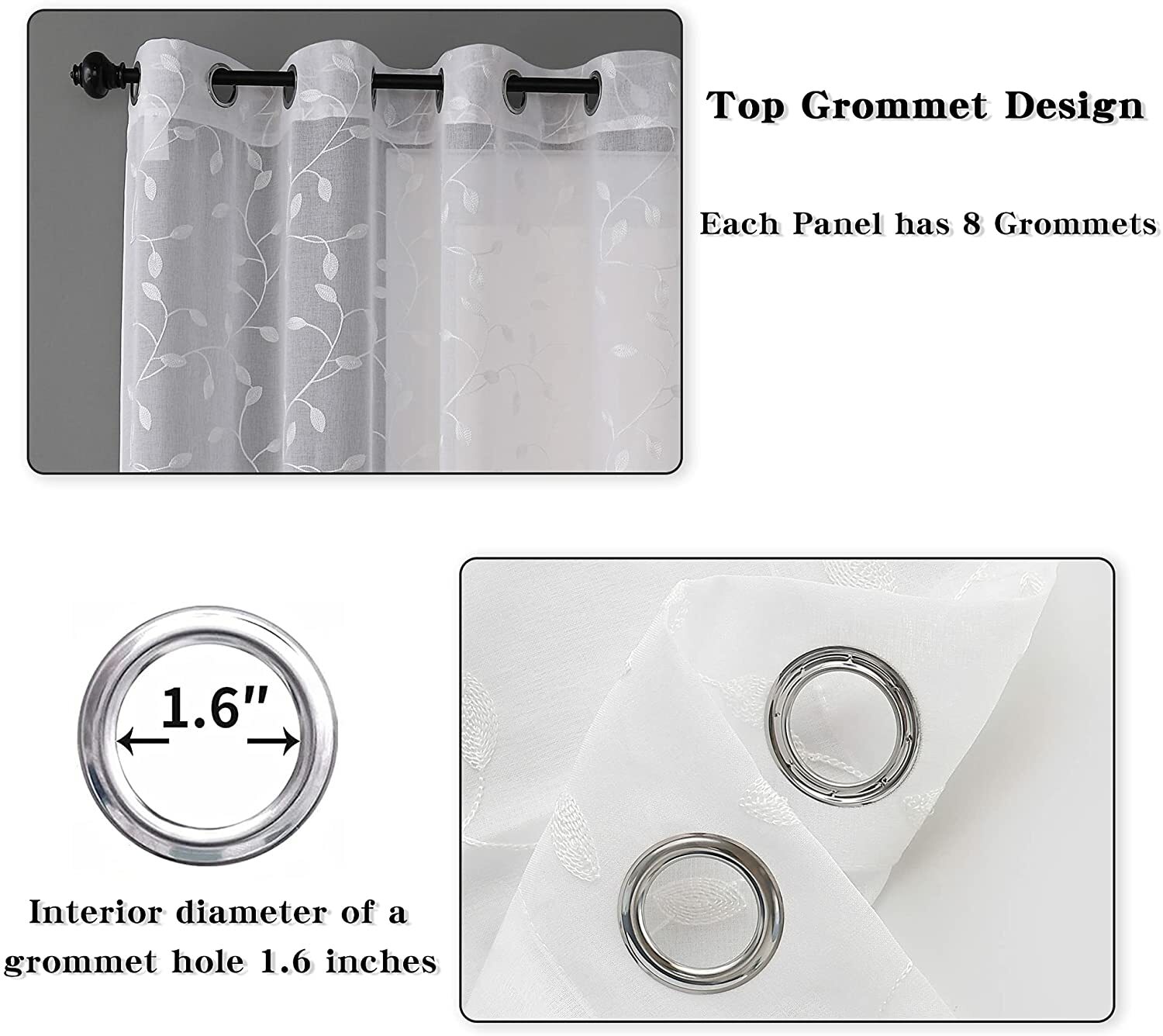 White Leaf Embroidery on Faux Linen Sheer Curtain 2 Panels 52×54 Window Drapes