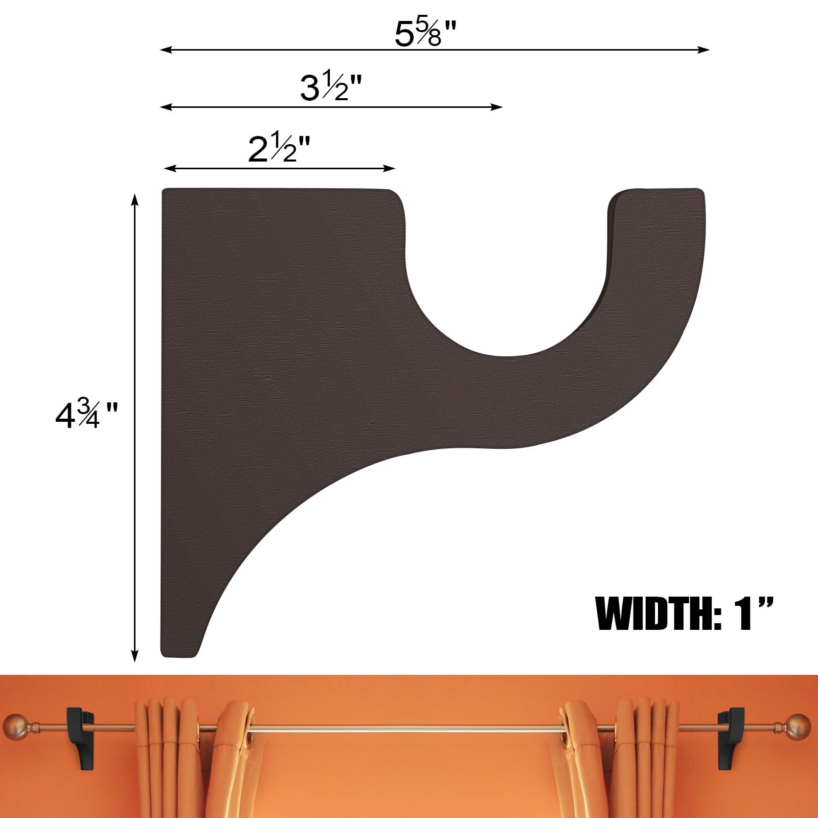 2 PCS Brown Wood Window Curtain Rod Holder Bracket Classic 3 1/2 In 2 In Pole