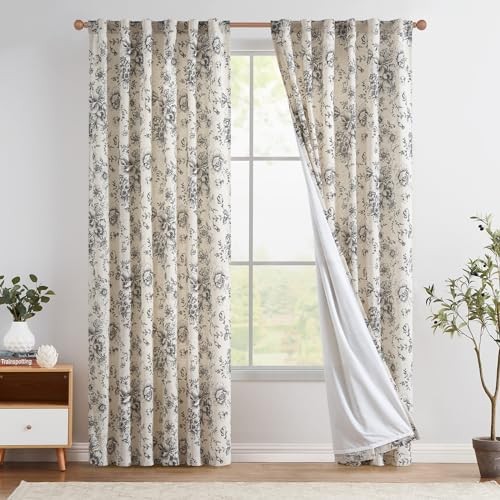 Lined Linen Blend Curtain Floral 50″W x 90″L (Pack of 2) Lined Flower Black