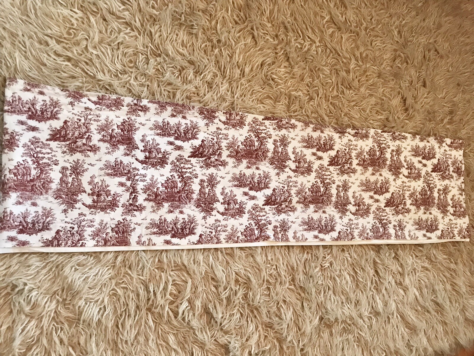 RED & IVORY 100% COTTON FRENCH TOILE 130”x16” LINED CURTAIN VALANCE