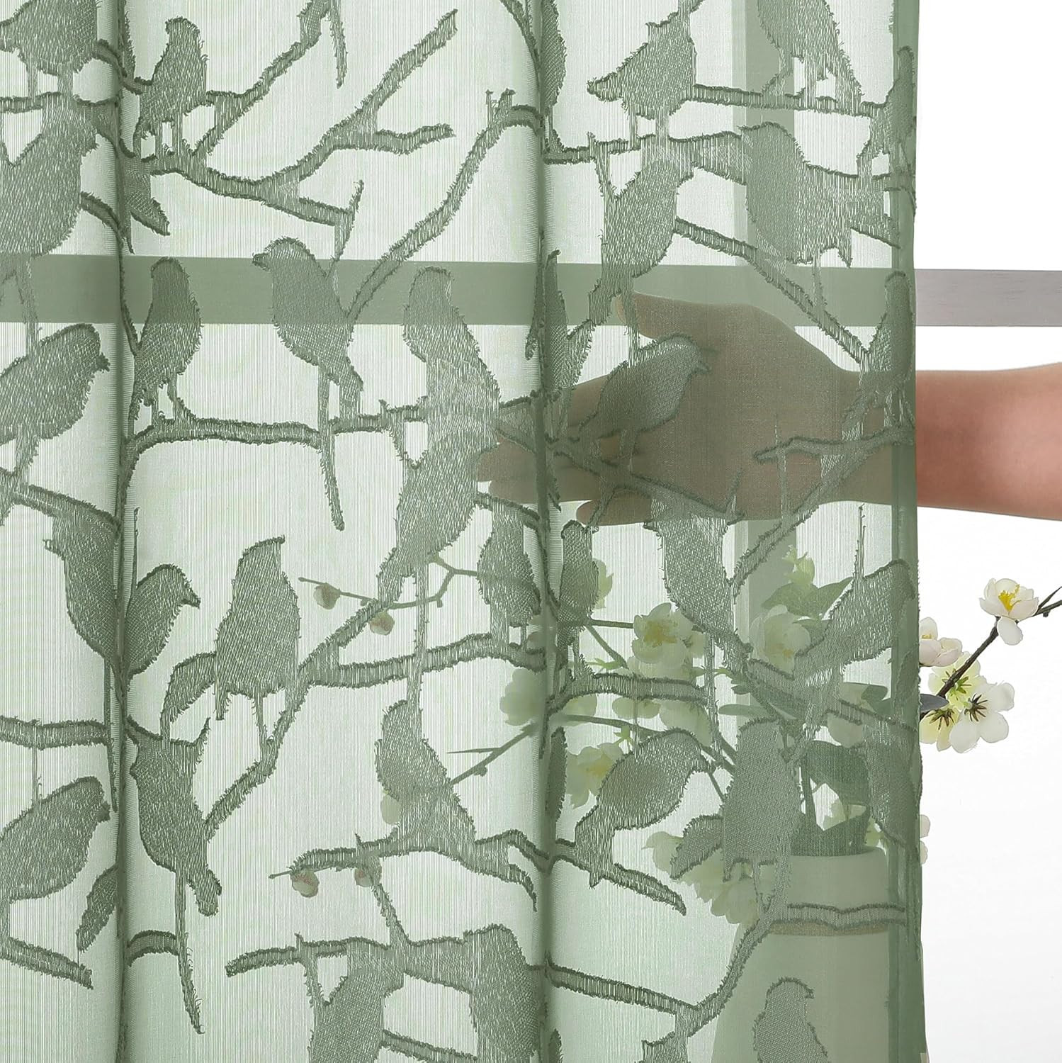 Anji Sheer Sage Green Curtains 63 Inches Long, Light & Airy Privacy Textured She