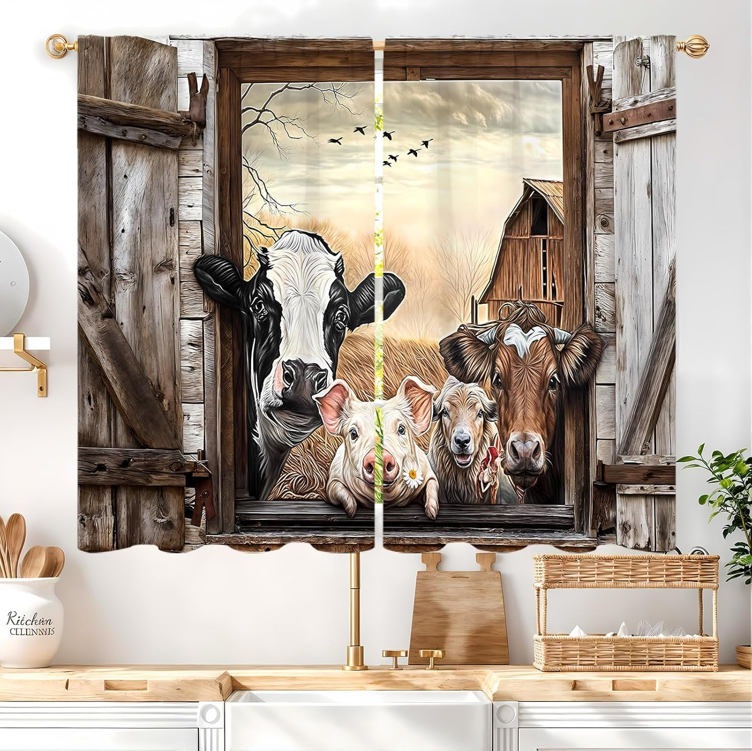 Farmhouse Cow Kitchen Curtain 27.5W X 39L Inch 2 Panel Rod Pocket Country Farm A