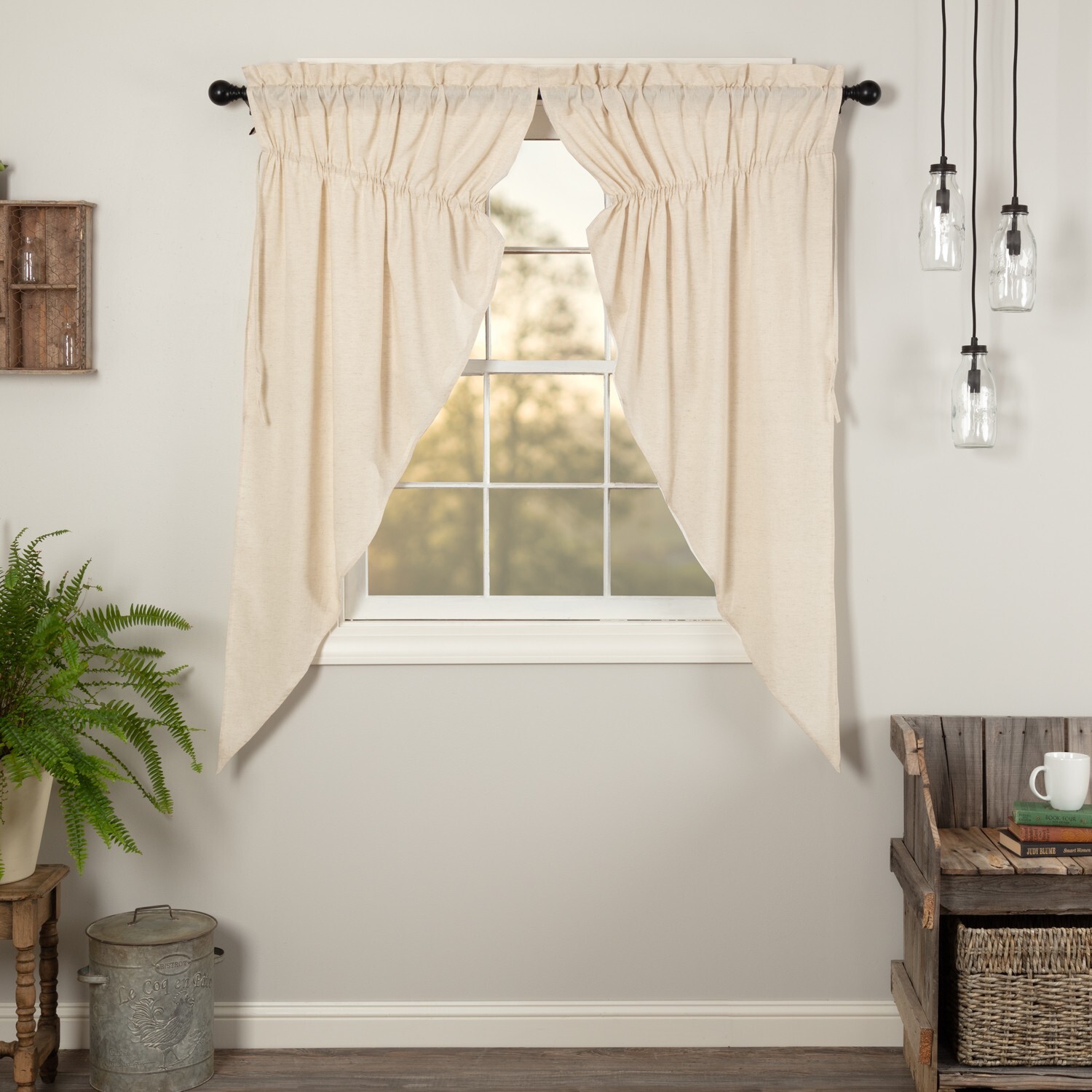 SIMPLE LIFE FLAX Natural PRAIRIE SHORT PANEL CURTAIN SET 63″ Country Cottage